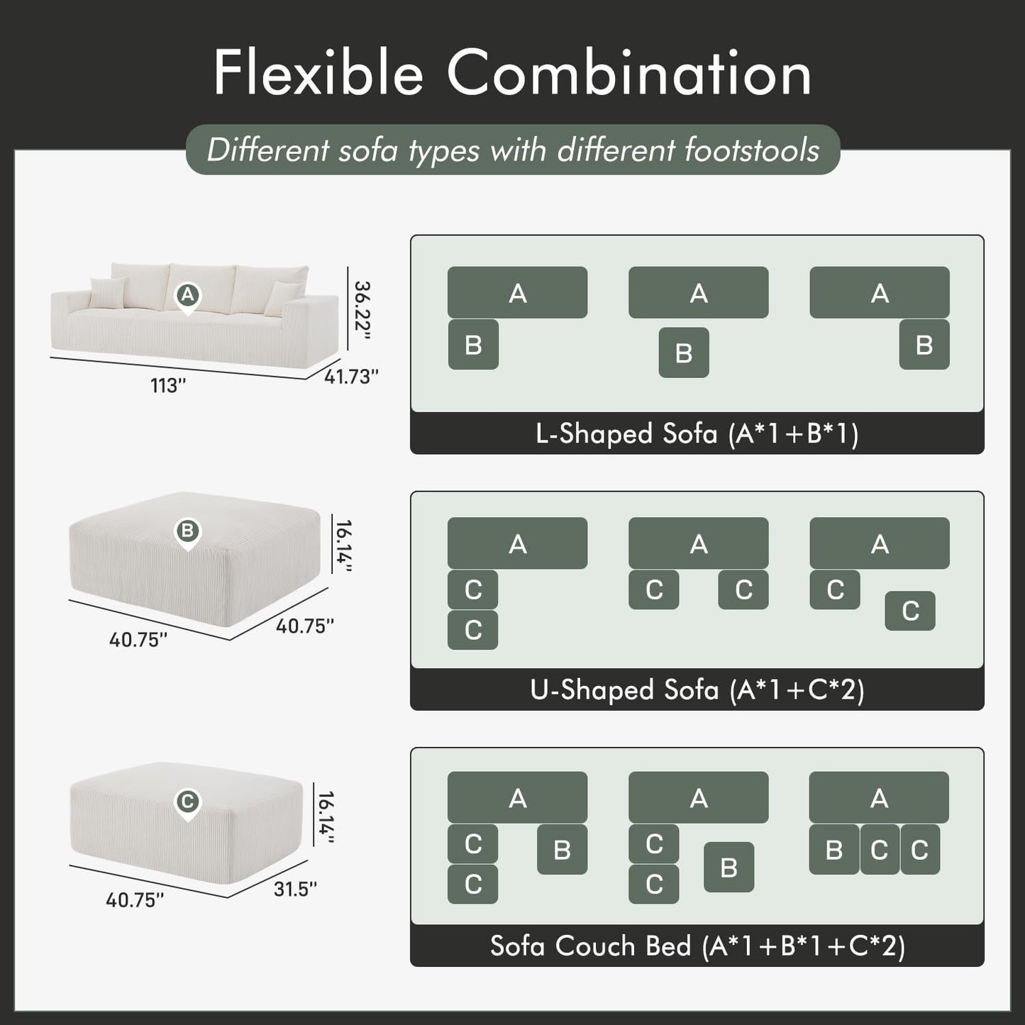 Boneless Sectional Cloud Couch Sofa Bed for Living Room, 112" Modular Modern Lounge 3 Seater Sleeper Beige Couches with Chaise, No Assemble, Cordury Compression Upholstered Sofas