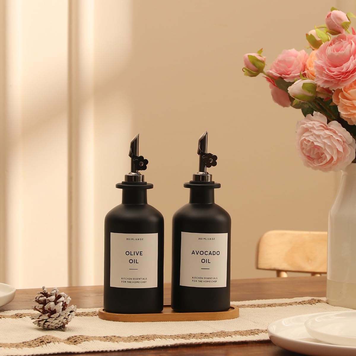 HOMCDALY Olive Oil Dispenser for Kitchen, 11.8oz Glass Kitchen Dispenser Bottle, Black Oil&Vinegar Cruet Set, Leakproof Olive Oil Bottles | Set of 2 (11.8oz – Black)