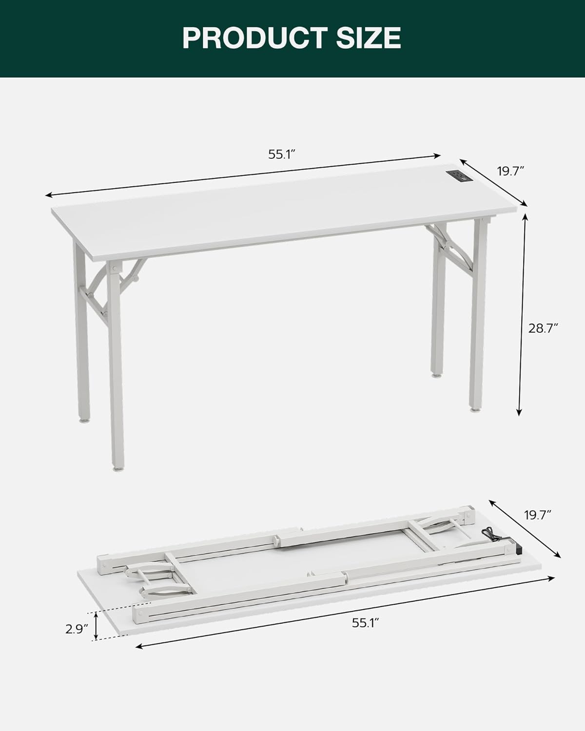 Frylr Small Folding Computer Desk – 55.1 Inch Portable Table for Craft and Study, Lightweight Desk for Small Spaces, Foldable Laptop Table Built-in AC/USB Outlets for Convenience, White
