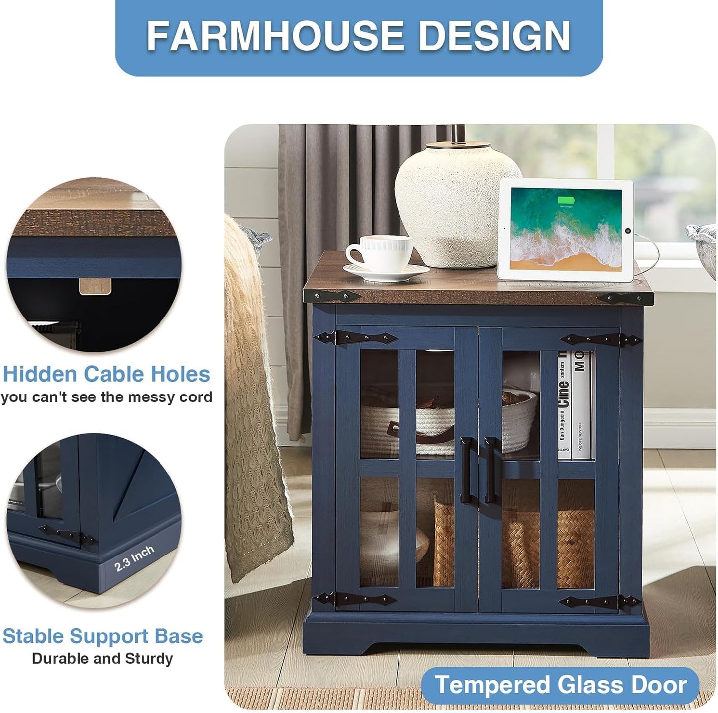 Farmhouse End Table with Charging Station,24" Large Sofa Side Table with Glass Barn Door, Rustic Wood Nightstand Bedside Table with Adjustable Storage Shelf for Living Room, Bedroom, Blue