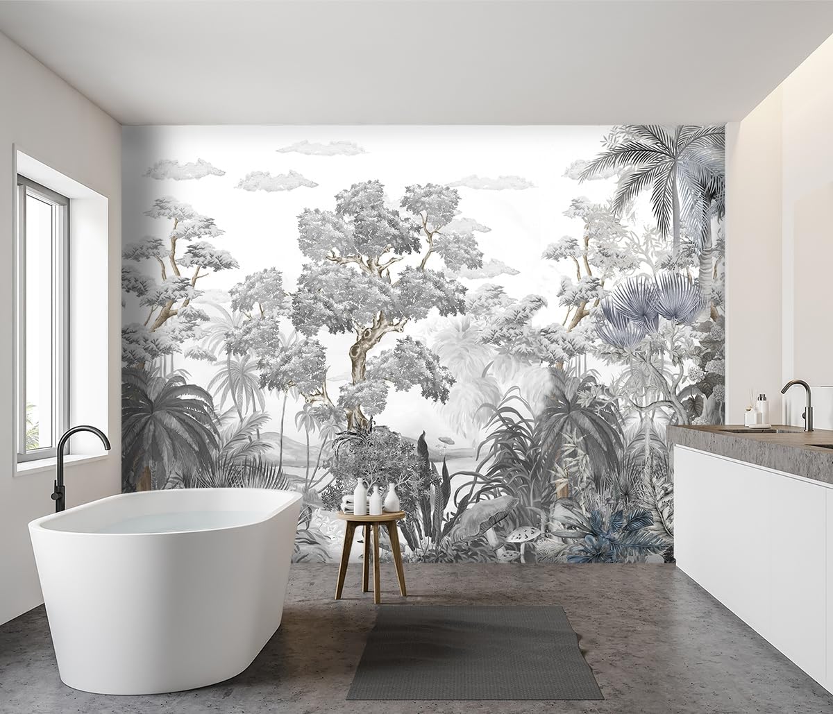 -Tropical Rainforest Botanical Grey Jungle Forest Fabric Wallpaper Living Room Palm Leaf Plant Bedroom Bathroom Large Wall Mural- 183"x120"( not Peel and Stick)