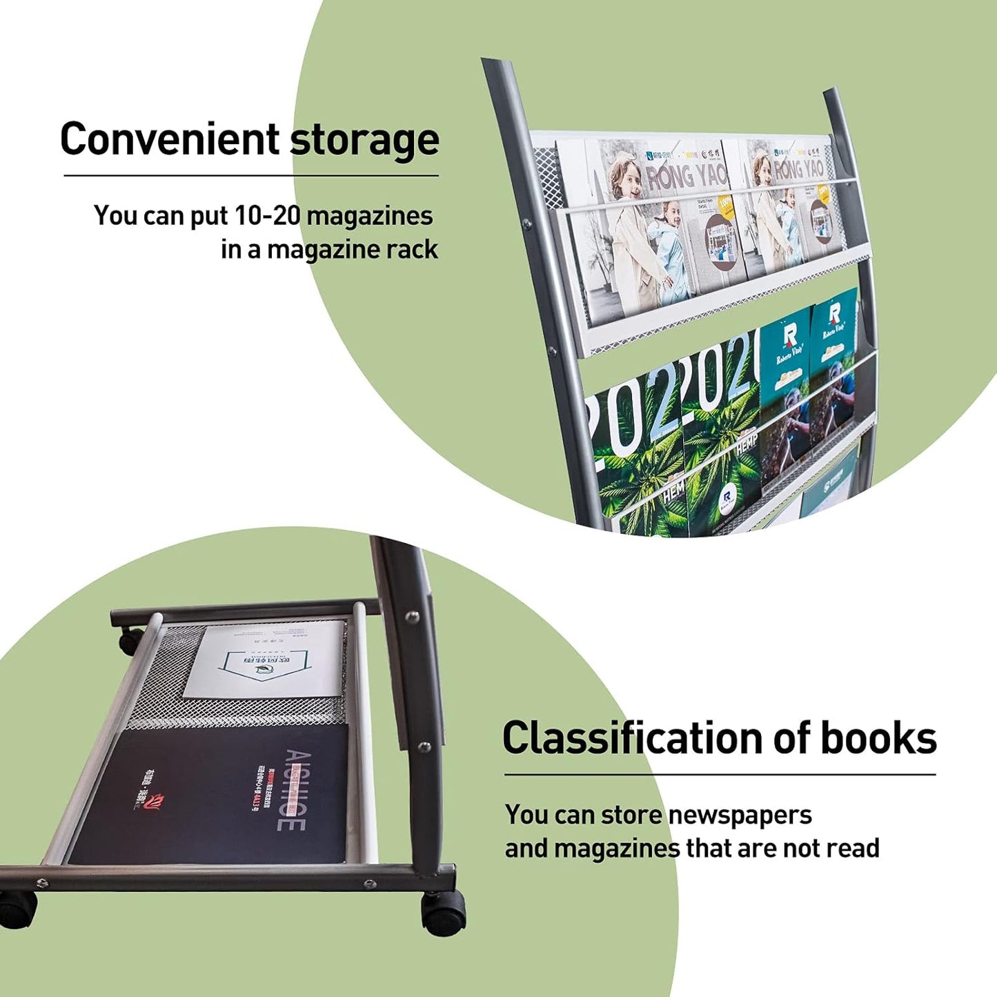 Brochure Display Stand, Floor-Standing Magazine Rack with 4 Pockets, Information Rack With casters Easy to Move for Trade Show Exhibitions Office Retail Store 44.1" H