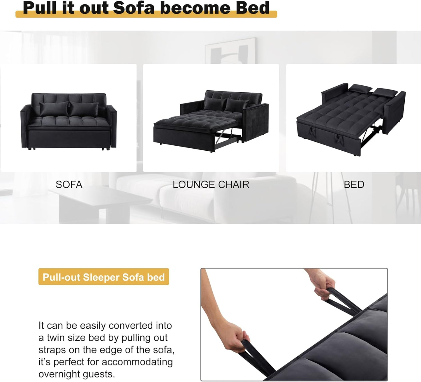 3 in 1 Convertible Sleeper Sofa Bed, Couch with Pull Out Bed with Side Pocket, Convertible Love Seat Sleepers Couch for Living Room, Bedroom, Black