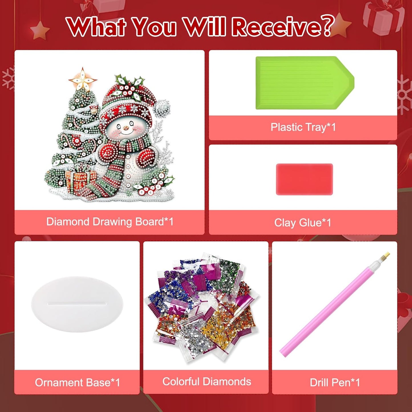 MEIYUDA Christmas Diamond Art Tabletop Kits, Christmas Tree and Snowman Diamond Art Painting Desktop Ornaments for Adult, DIY Special Shaped Crystal Desk Placement Ornament for Home Decor