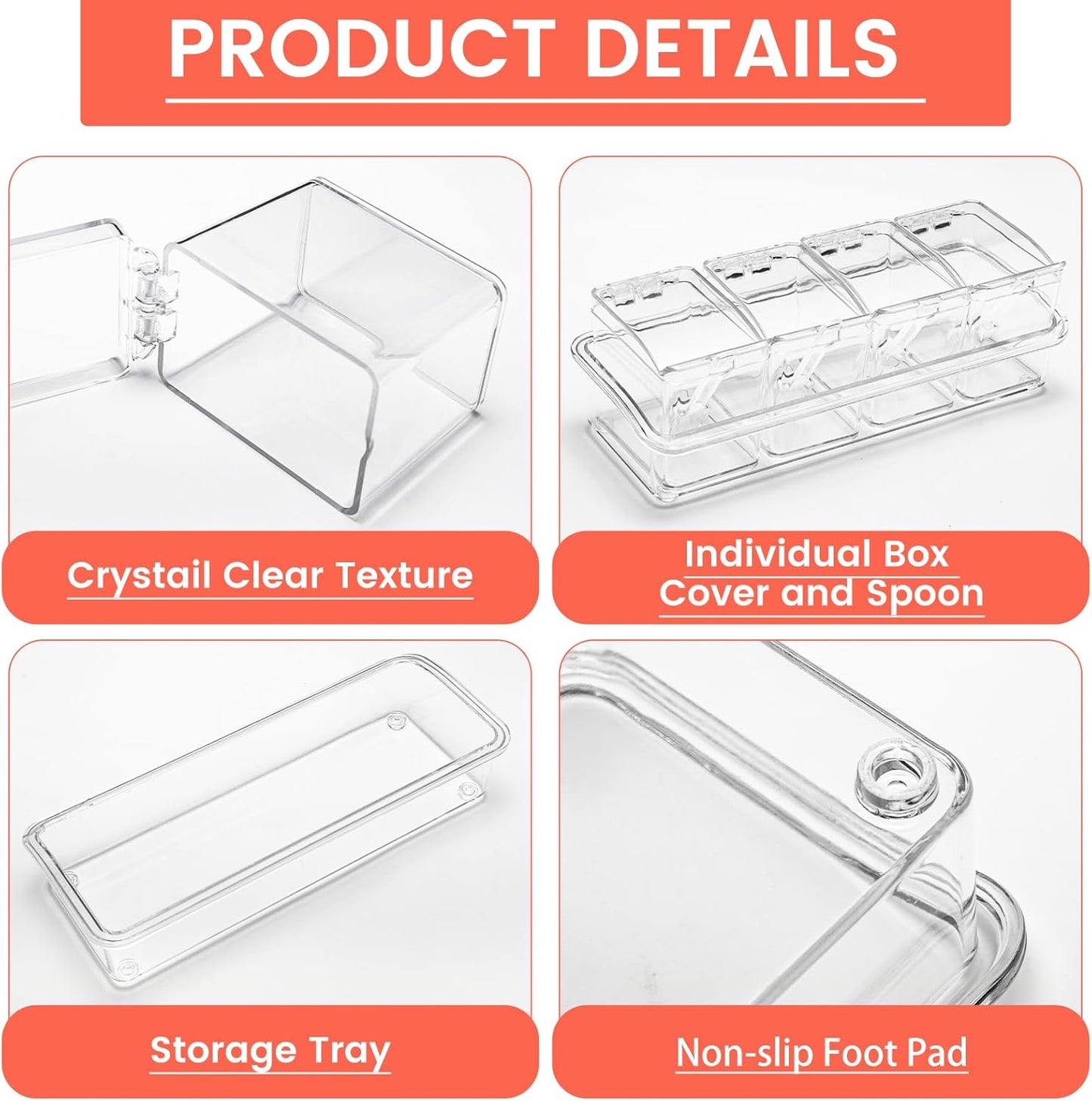 Clear Seasoning Box, 4 Piece Seasoning Rack Spice Pots, Plastic Storage Container Condiment Jars with Lids and Spoon, Storage Container Spice Jar for Salt Sugar Tea Herbal Coffee Beans