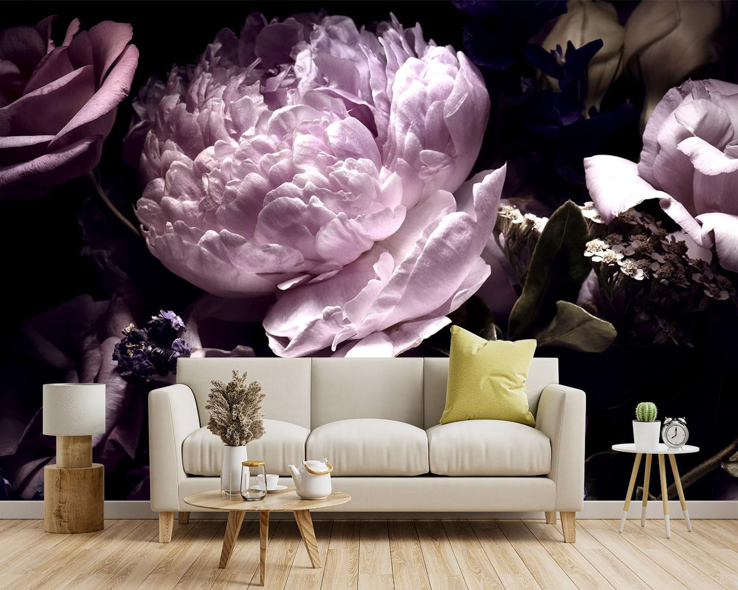 -Black Peony Purple Floral Botanical Fabric Wallpaper Living Room Bedroom Bathroom Dark Flowers Large Wall Mural- 160"x108"( not Peel and Stick)