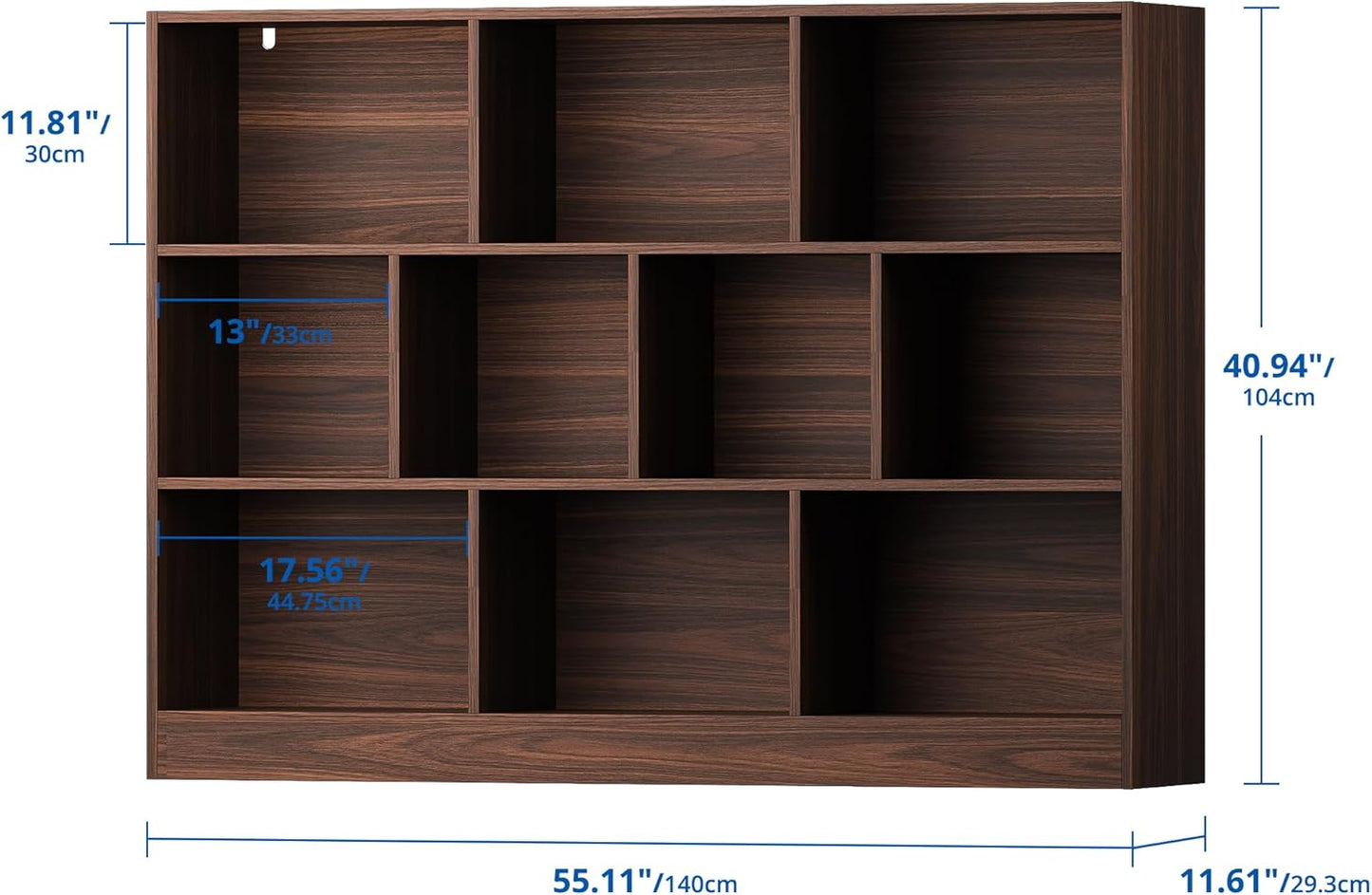 Cozy Castle Brown Bookshelf, 3-Tier Open Shelf Bookcase, 10 Cube Storage Organizer with Anti-Tilt Device for Bedroom, Living Room, 55.11" W x 11.61“D x 40.94“H