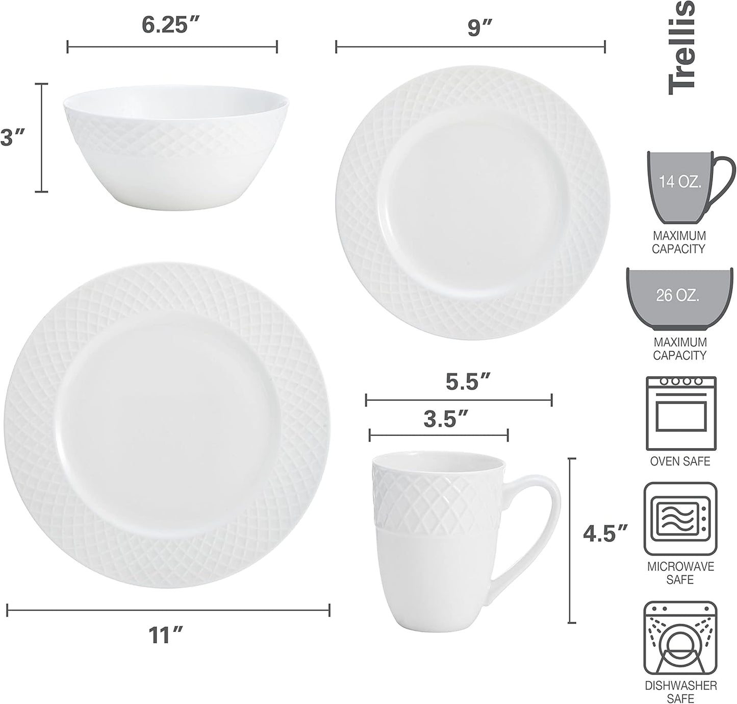 Mikasa Trellis Bone China 16-Piece Dinnerware Set, Service for 4, White Lightweight Porcelain with Textured Design, Chip-Resistant and Dishwasher Safe