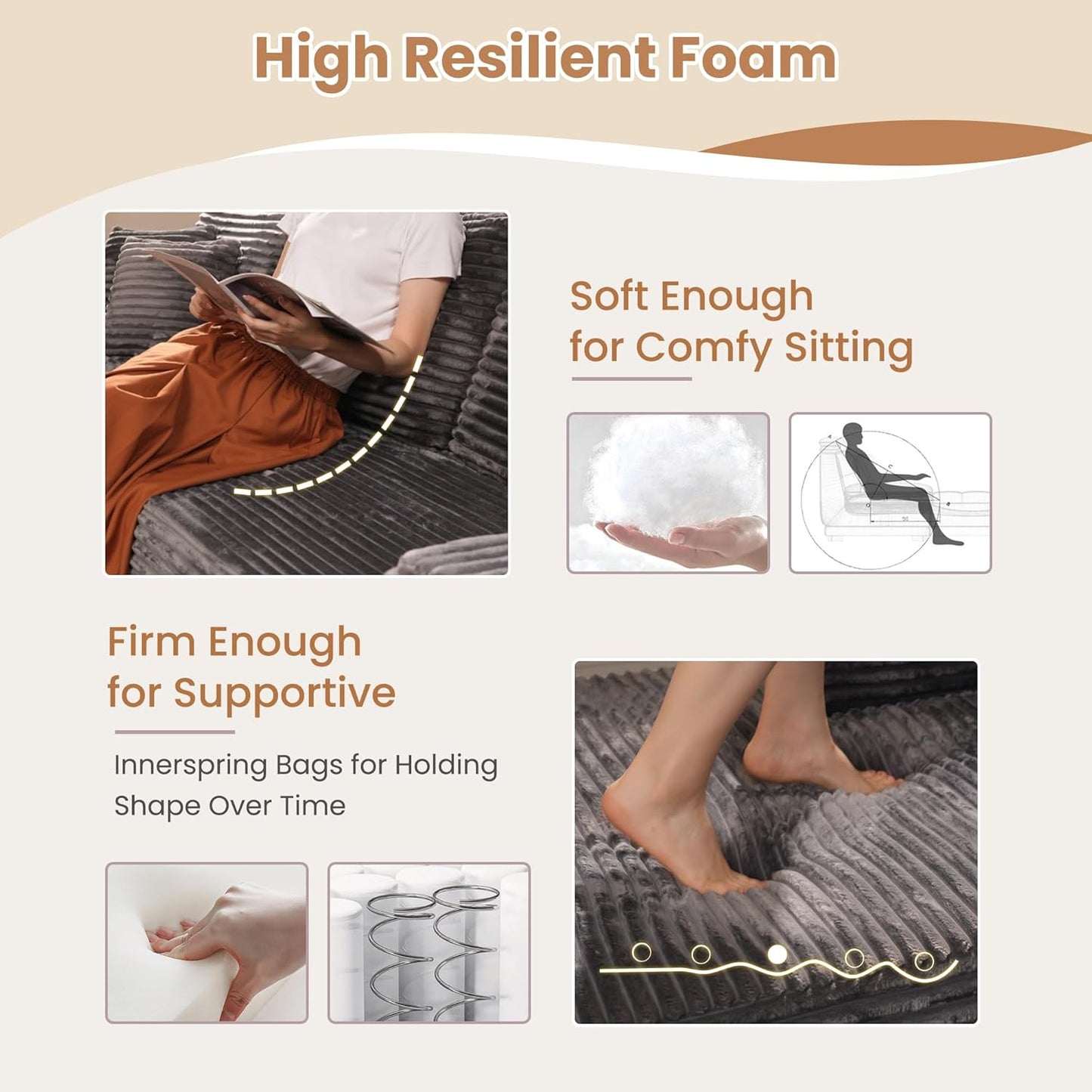 HOOOWOOO Cloud Sectional Couches for Living Room,Modular Sectional Sofa No Assembly,Plush Corduroy Large Floor Couch Furniture Set with Deep Seat Double Chaise and Singlar Lounge(Gray)