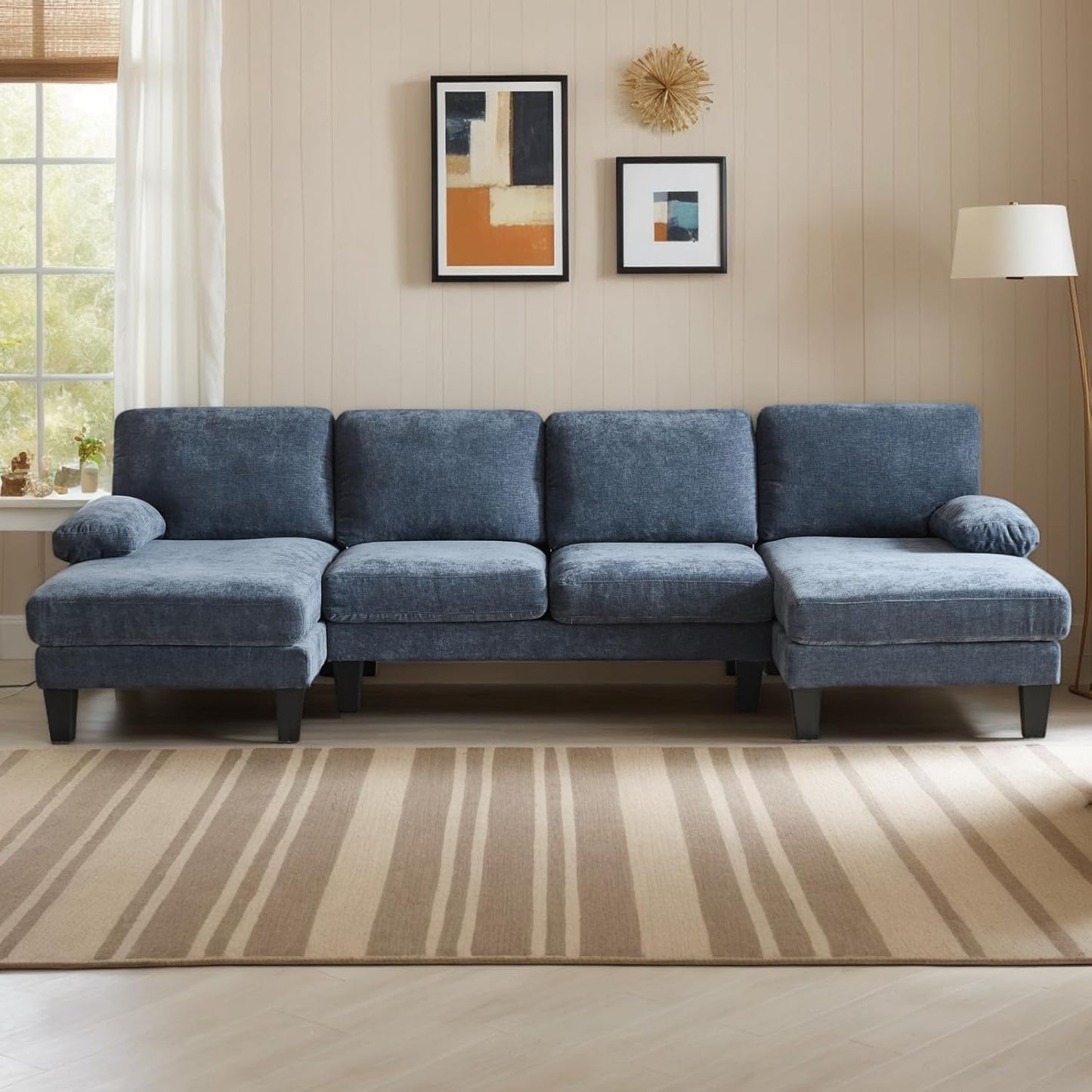 Karl home U-Shape Sectional Sofa Couch 111" Modern 4-Seat Sofa with Chaises Chenille Fabric Upholstered Covertible Couch with Wood Grain Legs for Living Room, Reception Room, Apartment, Navy Blue