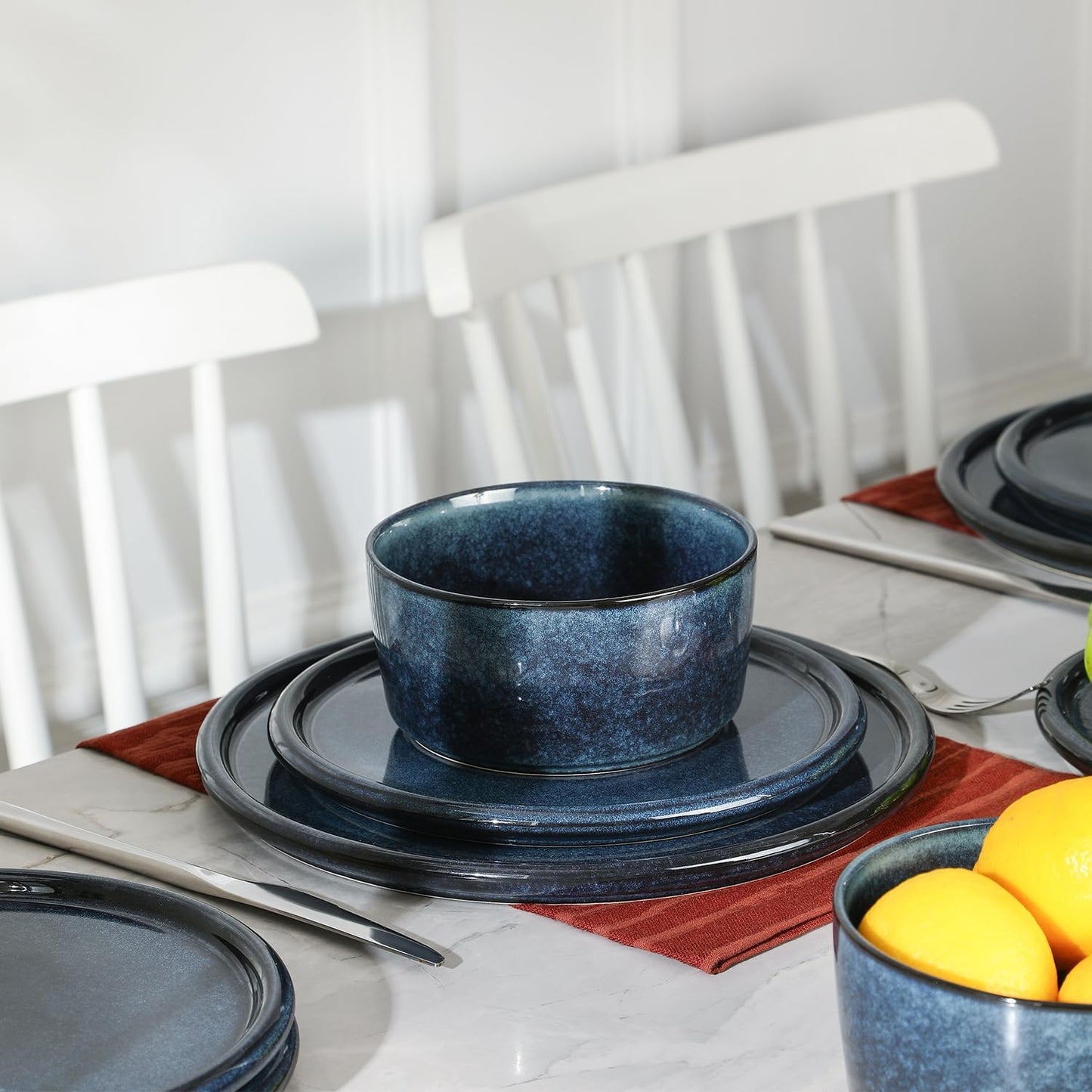 Stone Lain Eden 12-Piece Dinnerware Set Stoneware, Plates and Bowls Set, Dishwasher and Microwave Safe Dish, Dish Set for 4, Dark Blue