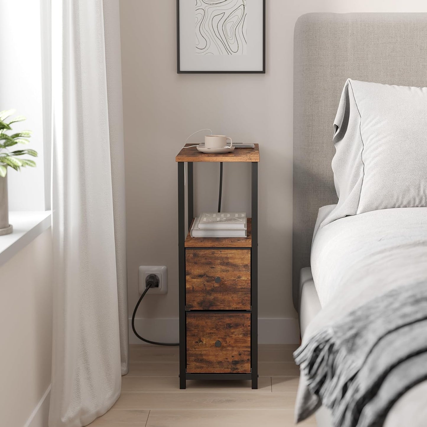 TUTOTAK Small Narrow End Table with Charging Station, Side Table with Outlets, Nightstand with 2 Cloth Drawers, Couch Table, for Living Room, Bedroom, Bedside, Brown TB01BB085