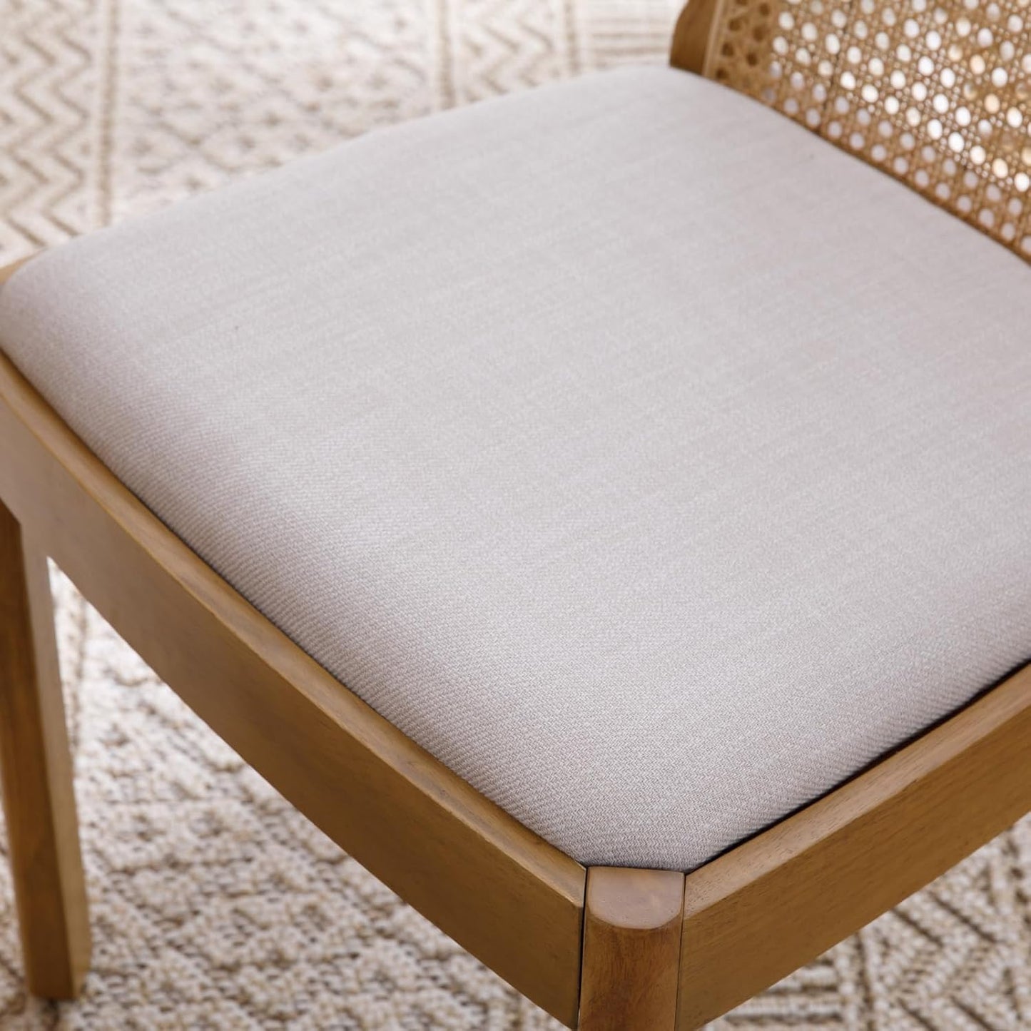 Mid Century Dining Chairs Set of 6, Accent Rattan Linen Fabric Side Chairs Kitchen Chair with Solid Wooden Legs for Living Room Dining Room, Beige