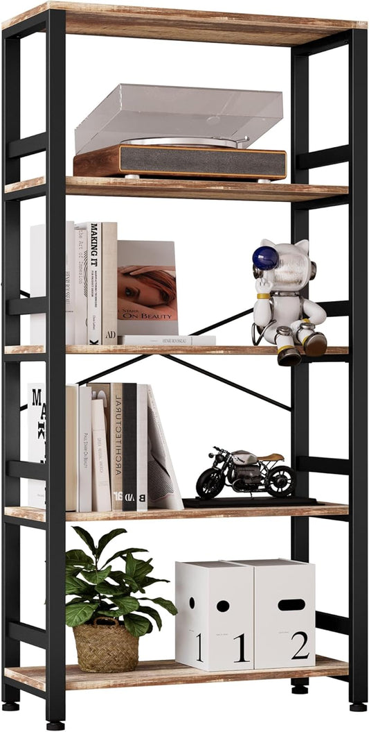 IRONCK Bookshelves and Bookcases, 31.5in Wide Shelf 5-Tier Ladder Shelf 110lbs/shelf Vintage Industrial Style Bookcase for Bedroom Living Room Home, Rustics Brown