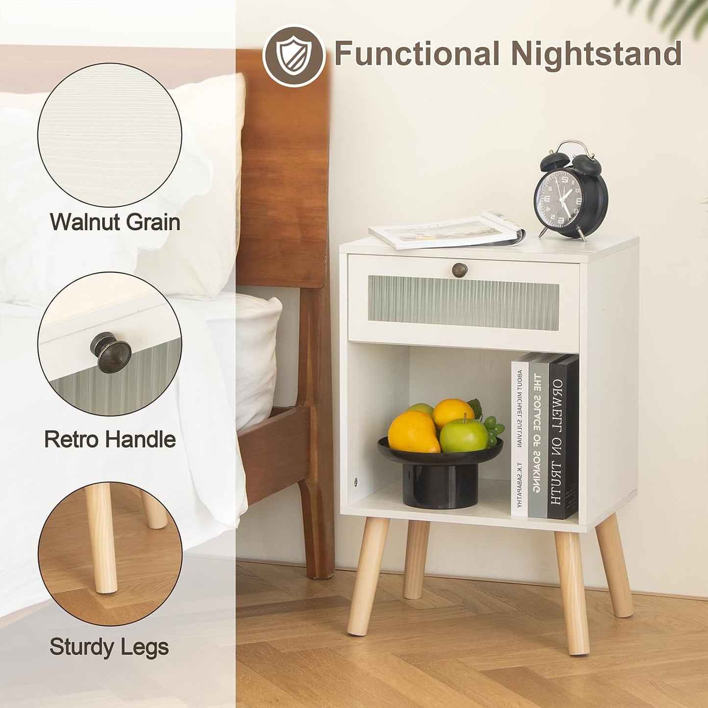 AWASEN White Night Stand, Modern Bedside Table with Glass Storage Drawer and Large Open Shelf, Wood Nightstand Side End Table with Solid Wood Legs for Bedroom, and Small Space, White