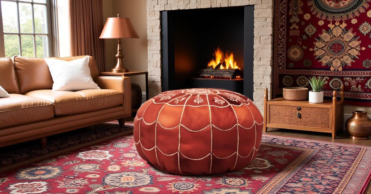 Stuffed Arch Design Moroccan Leather Pouf Ottoman, Handmade, Pre-Filled, 100% Genuine Leather, 14” Height x 22” Diameter – Boho Chic Footstool & Living Room Décor (Honey Cognac)