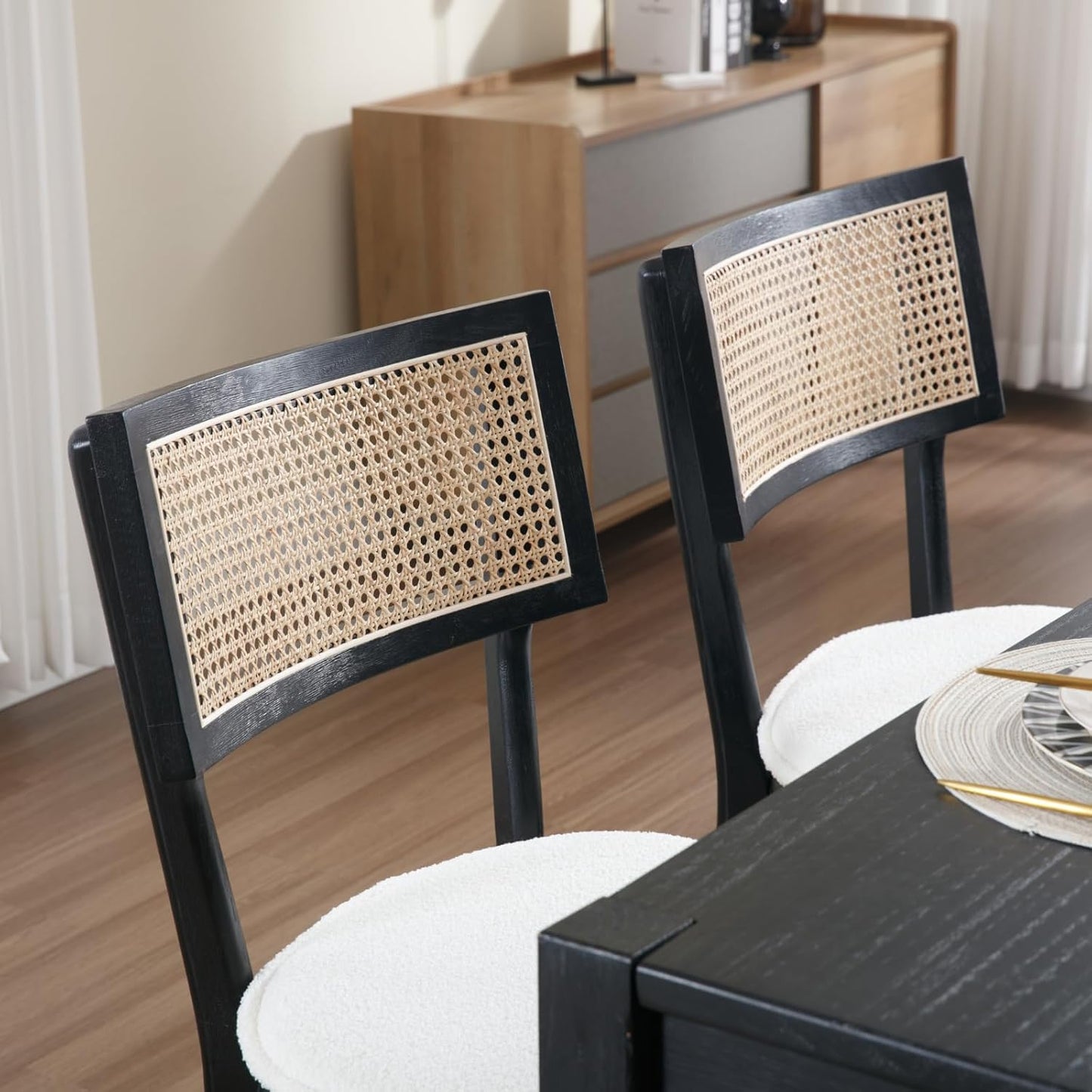 Rattan Dining Chairs Set Of 6 , Mid Century Modern Black Wooden Cane Back Chairs with Removable Sherpa Cushion , Retro Farmhouse Upholstered Kitchen & Dining Room Chairs for Restaurant Living Room