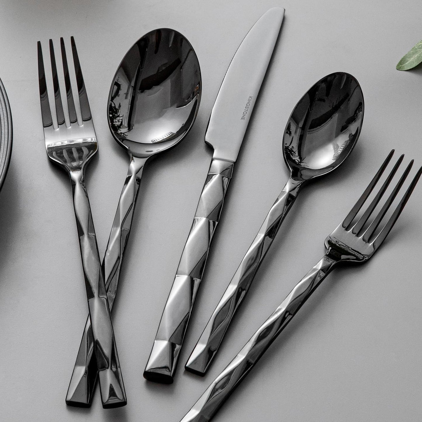 KINGSTONE Black Silverware Set, Luxury 40 Piece Flatware Set for, 18/10 Stainless Steel Cutlery Set with Diamond Cut Pattern for Kitchen, Home, Wedding, Party, Mirror Polished and Dishwasher Safe