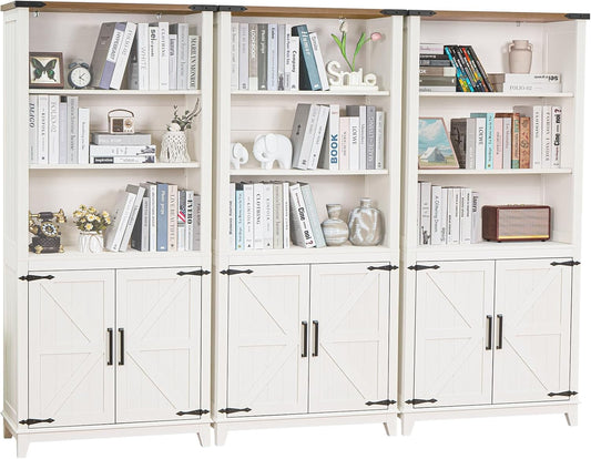 70in Tall Bookshelf 5 Tier Bookcase with Barn Doors and Storage Cabinet, White Farmhouse Book Shelf with Adjustable Shelves, Wood Freestanding Display Bookshelves for Bedroom, Kitchen (3PCS)