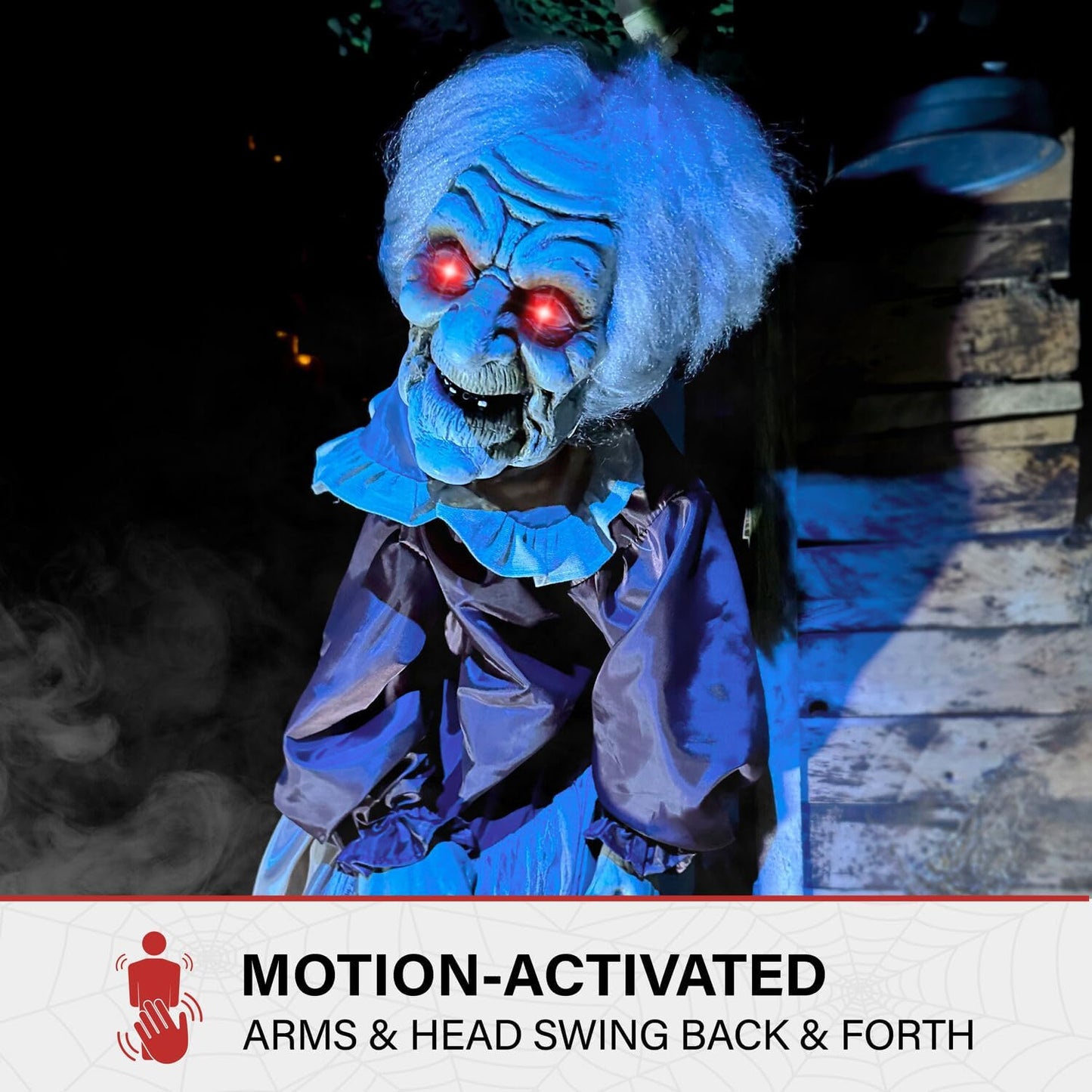 Haunted Hill Farm Lifesize Animatronic Scary Old Lady Zombie with Motion Activated Lights and Sound, Battery-Operated Indoor or Covered Outdoor Halloween Decoration
