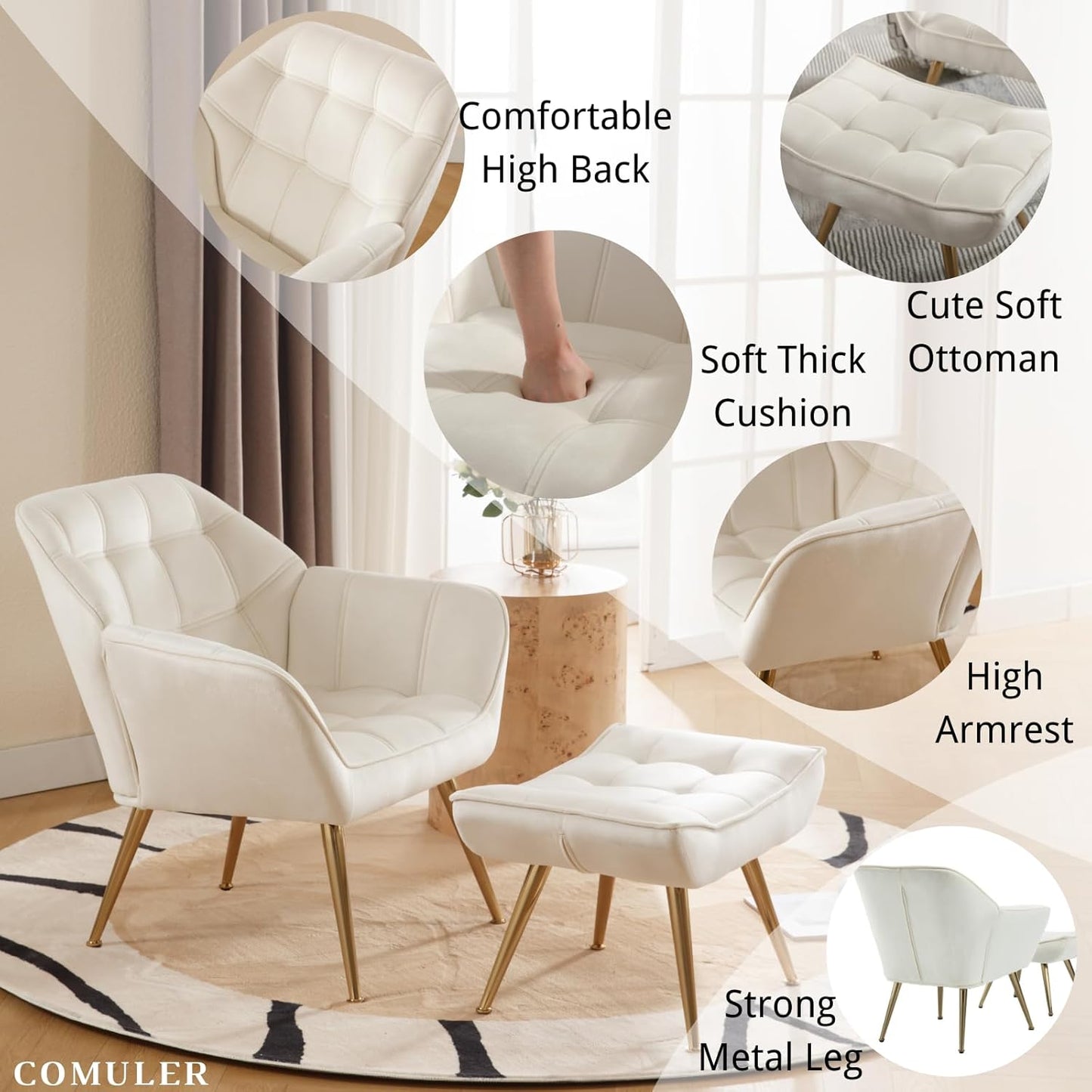 Beige Velvet Accent Chair with Ottoman ,Modern Reading Chair with Ottoman Set, Comfy Fuzzy Armchair Living Room Chair Lounge Chair with Metal Legs for Small Spaces Bedroom Apartment