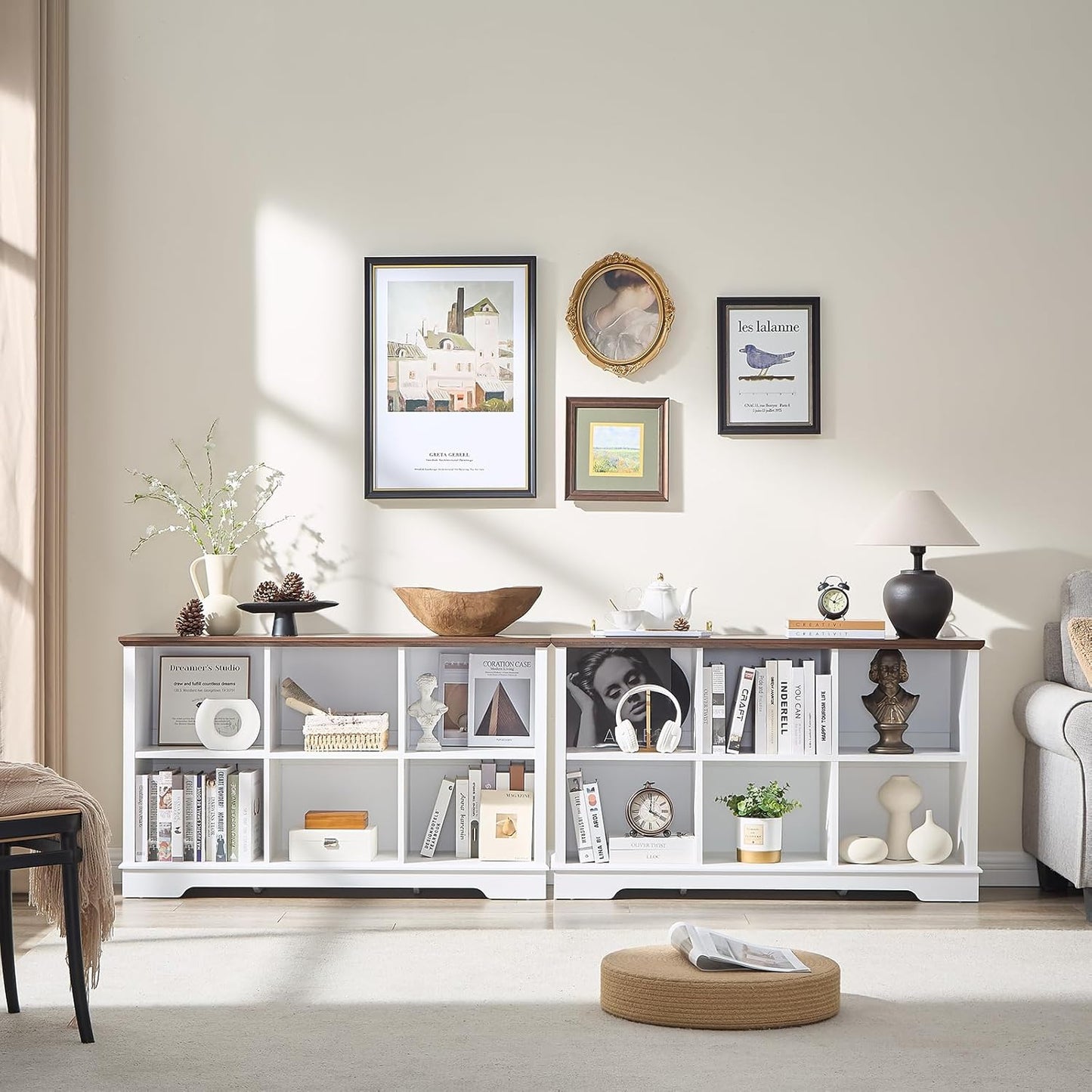 Farmhouse 6 Cube Bookshelf, White Storage Organizer Bookcase, Kids Toy Storage Cabinet, Long Bookshelves Storage Organizer Shelf, Wood Display Cabinet Book Shelves for Bedroom,Living Room,Office