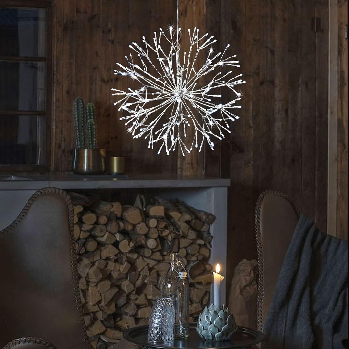 Christmas led Sparkle Ball Hanging Outdoor décorations -Haning Twig Ball,Snowflake Ornament Lights Indoor Outdoor Festive Holiday Décor 24Inch (Cool White)