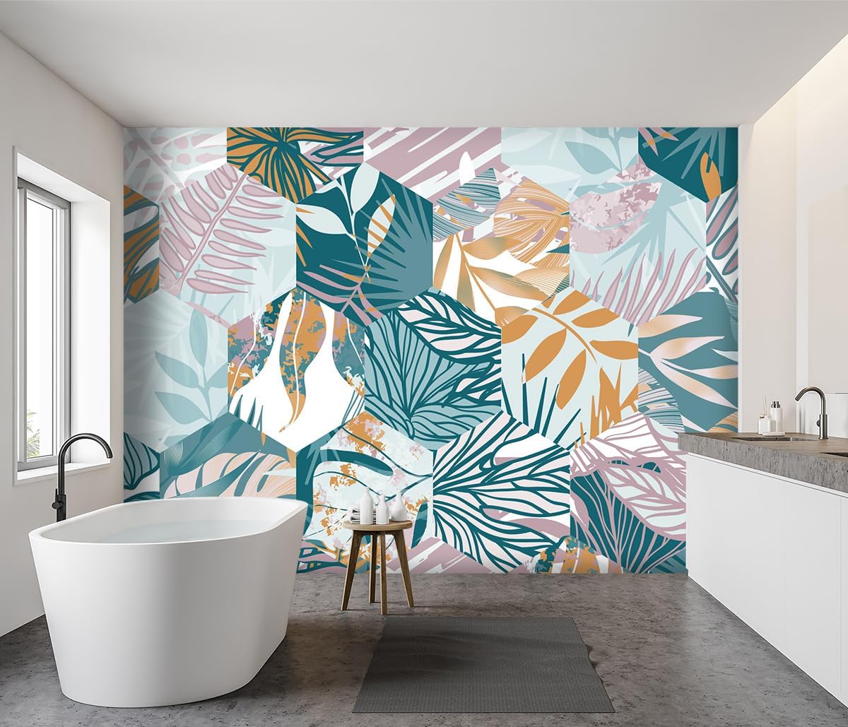 -Abstract Geometry Botanical Banana Leaf Fabric Wallpaper Living Room Bedroom Bathroom Tropical Plant Leaf Large Wall Mural- 137"x96"( not Peel and Stick)