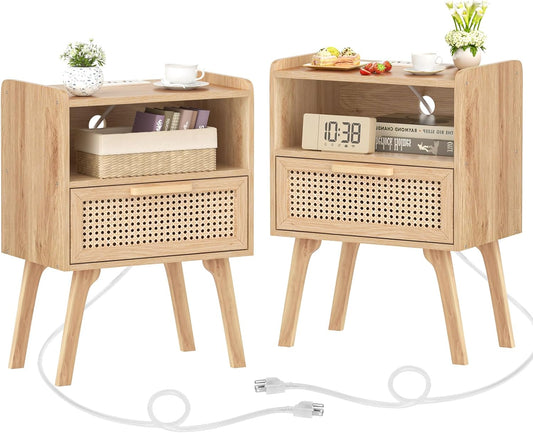 Lerliuo Rattan Nightstands Set of 2 with Charging Station, Boho Night Stand with Handmade Natural Rattan Drawer and Open Shelf, Side End Tables with Solid Wood Legs for Bedroom, Dorm, Small Spaces