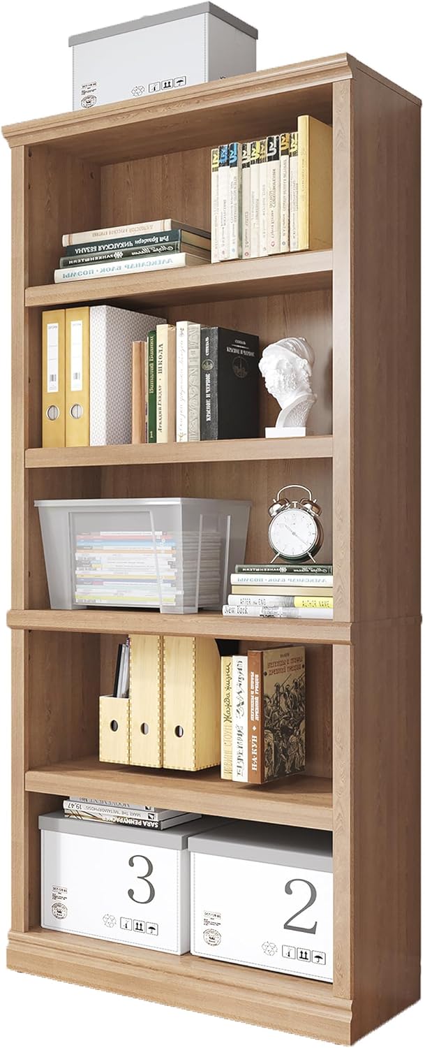 70 in Tall Bookcase, White Bookshelf Open Storage 5-Tier Shelves, 33 inch Wide Floor Standing Indoor Furniture, Book Cases for Home School Library Office Bedroom Kids, Oak 5 Tiers