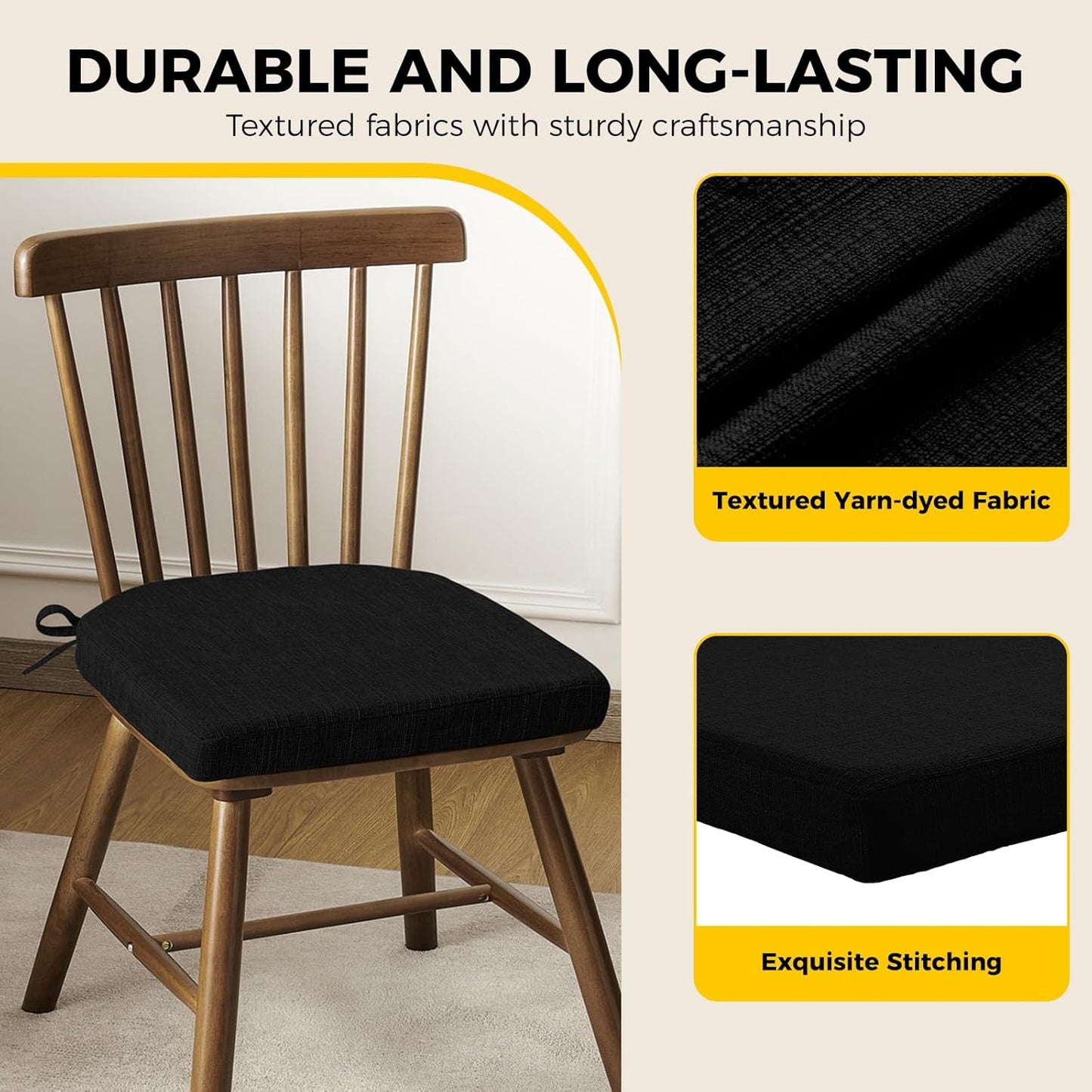 downluxe Indoor Chair Cushions for Dining Chairs, Soft and Comfortable Textured Foam Kitchen Chair Pads with Ties and Non-Slip Backing, 16" x 16" x 2", Black, 6 Pack