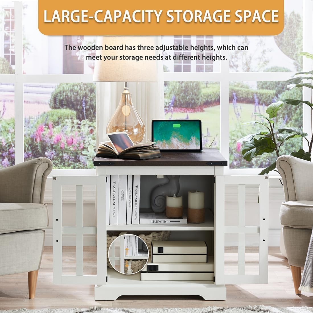 Farmhouse End Table with Charging Station,24" Large Sofa Side Table with Glass Barn Door, Rustic Wood Nightstand Bedside Table with Adjustable Storage Shelf for Living Room, Bedroom,White