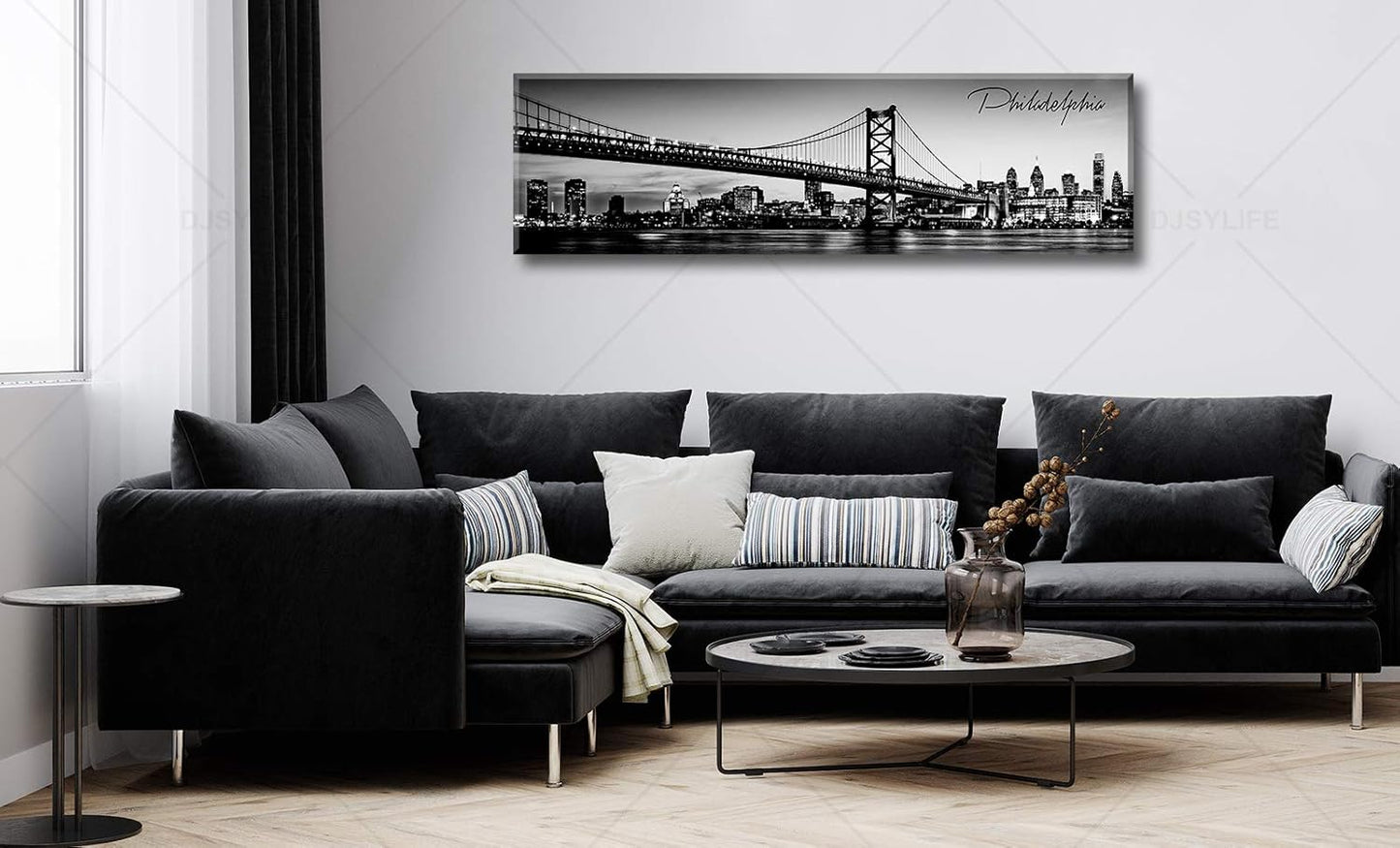 DJSYLIFE- Philadelphia Skyline Wall Art,Black and White Stretched Canvas Wall Art Prints for Bedroom or Office Decoration, Ready to Hang 13.8"x47.3"