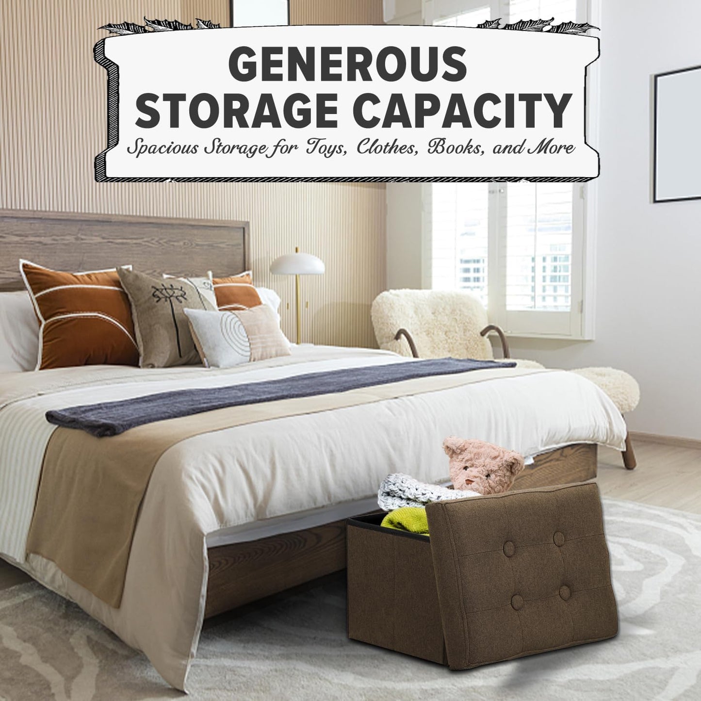 LINMAGCO Ottoman Storage Ottoman with Storage Small Foot Rest Stool Under Desk Stool Short Folding Footrest Linen Cloth Brown 16X12X12IN