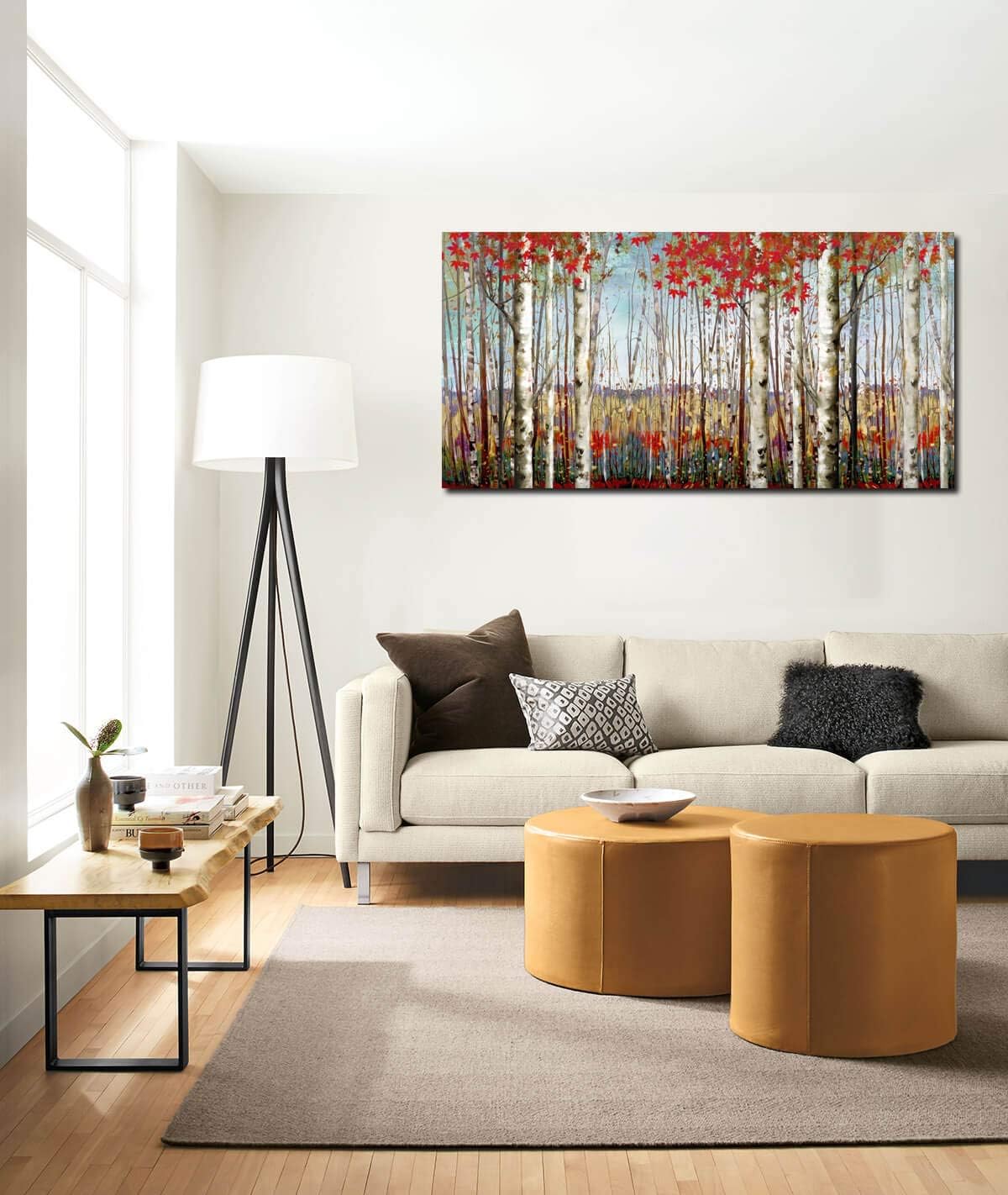 Canvas Wall Art for Living Room Bedroom Modern Wall Decor of Red Leaves White Birch Tree Forest Giclee Print Painting Artwork Wall Decoration 24x48 Large Size with Wood Framed Easy to Hang for Home