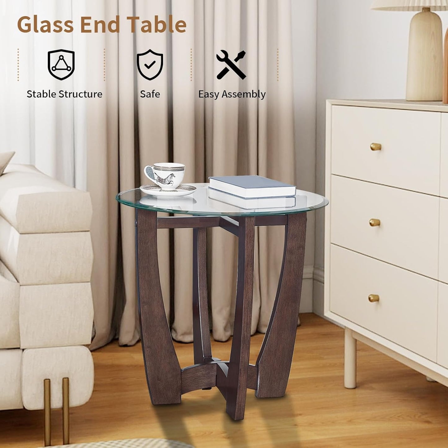 Glass End Table, 23.5" Round Side Tables with Tempered Glass Top Cross and Solid Wood Base Small Night Stand for Living Room Office Apartment Cherry