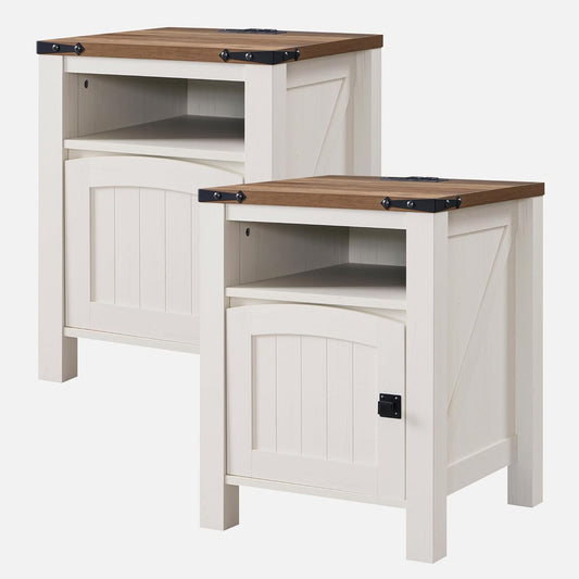 OKD Nightstand with Charging Station Set of 2, 18 Inchs Farmhouse End Table with Adjustable Storage Shelf, Rustic Wood Sofa Side Table for Bedroom