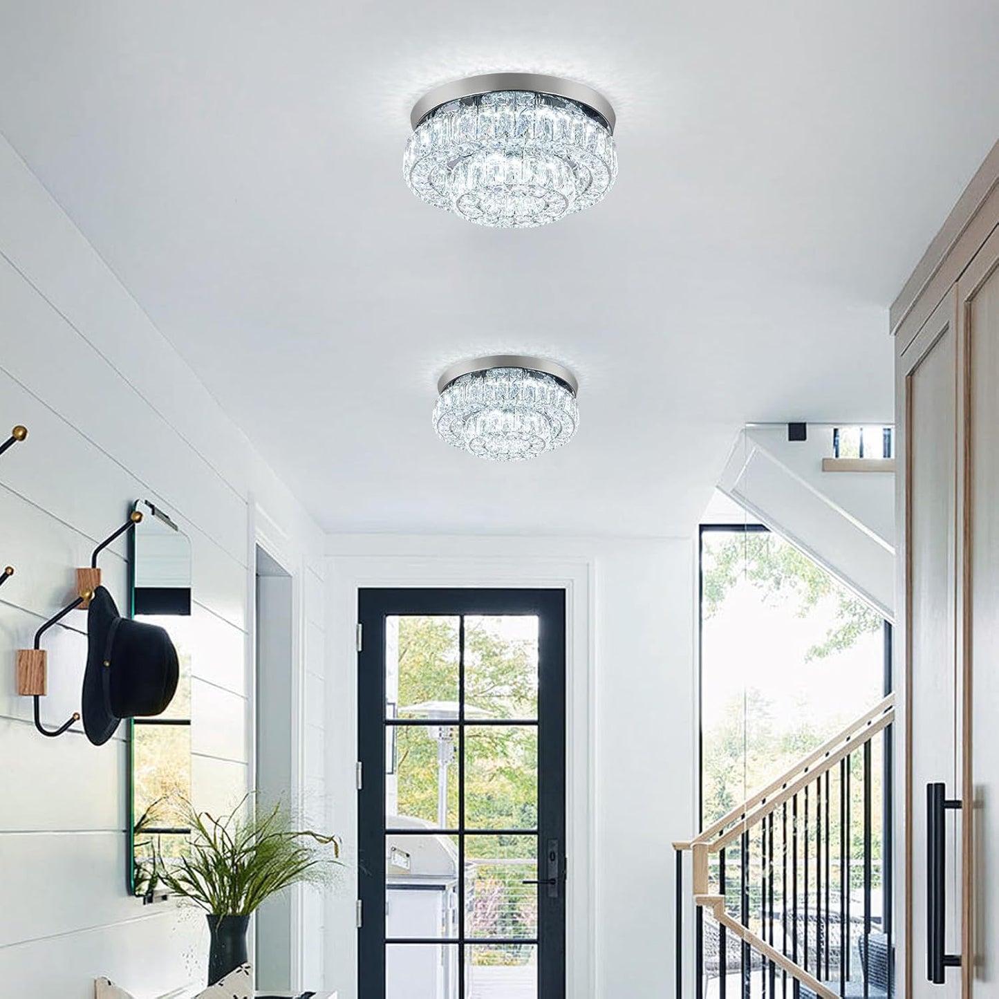 12 Inch Crystal Chandelier LED Ceiling Light 2 Tier Flush Mount Ceiling Light Fixtures Modern Chandelier Lighting for Hallway Bedroom Dining Room Kitchen (Cool White)