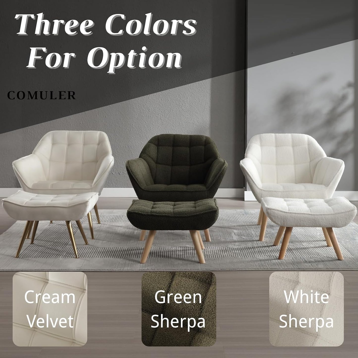 White Sherpa Accent Chair with Ottoman ,Modern Reading Chair with Ottoman Set, Comfy Fuzzy Armchair Living Room Chair Lounge Chair with Wood Legs for Small Spaces Bedroom Apartment