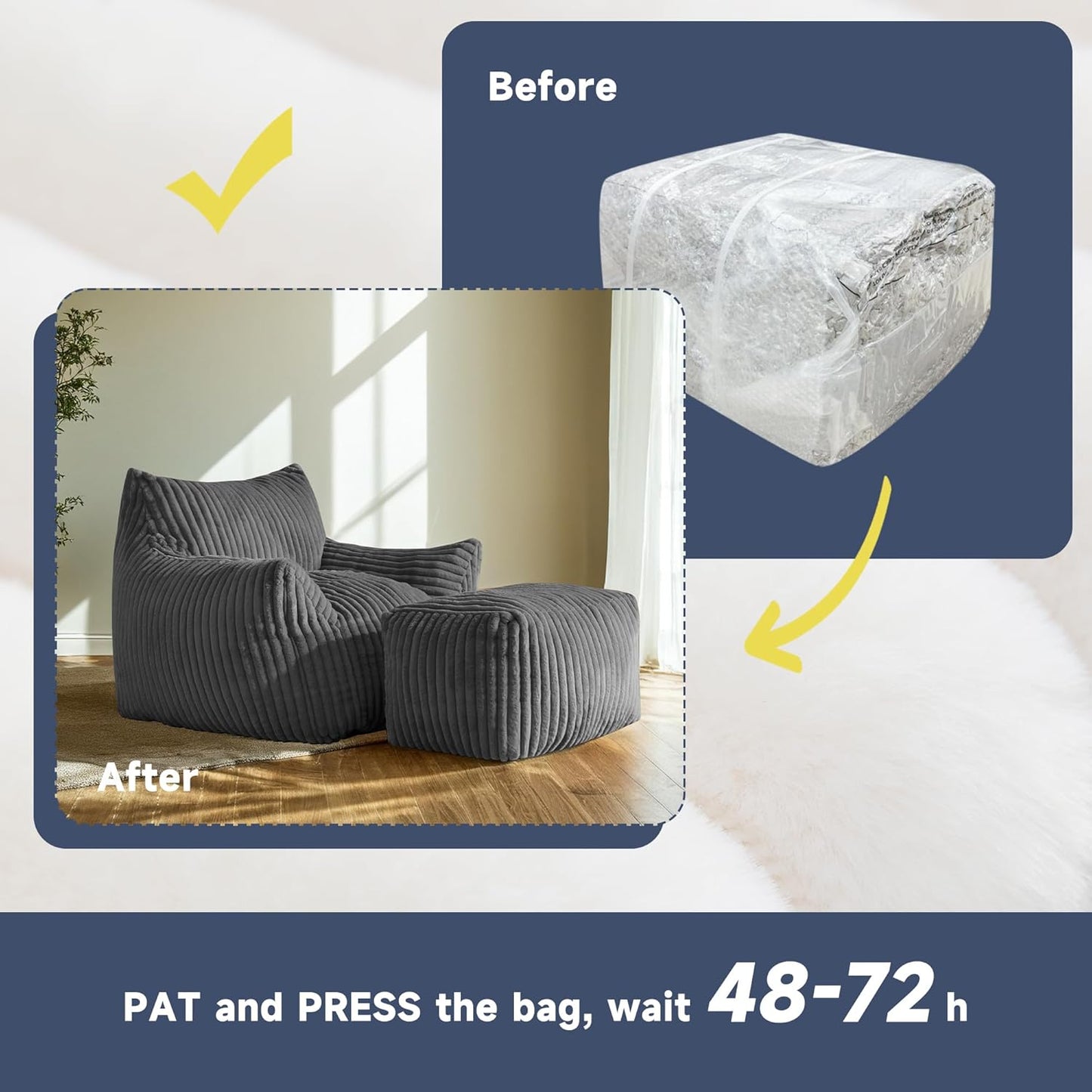 Giant Bean Bag Chairs for Adults, Oversized Chaise Lounge Chair Indoor with Memory Foam - Plush Boneless Lounger & Ottoman for Bedroom, Living Room, Gaming & Reading, Lazy Floor Sofa Chair, Gray