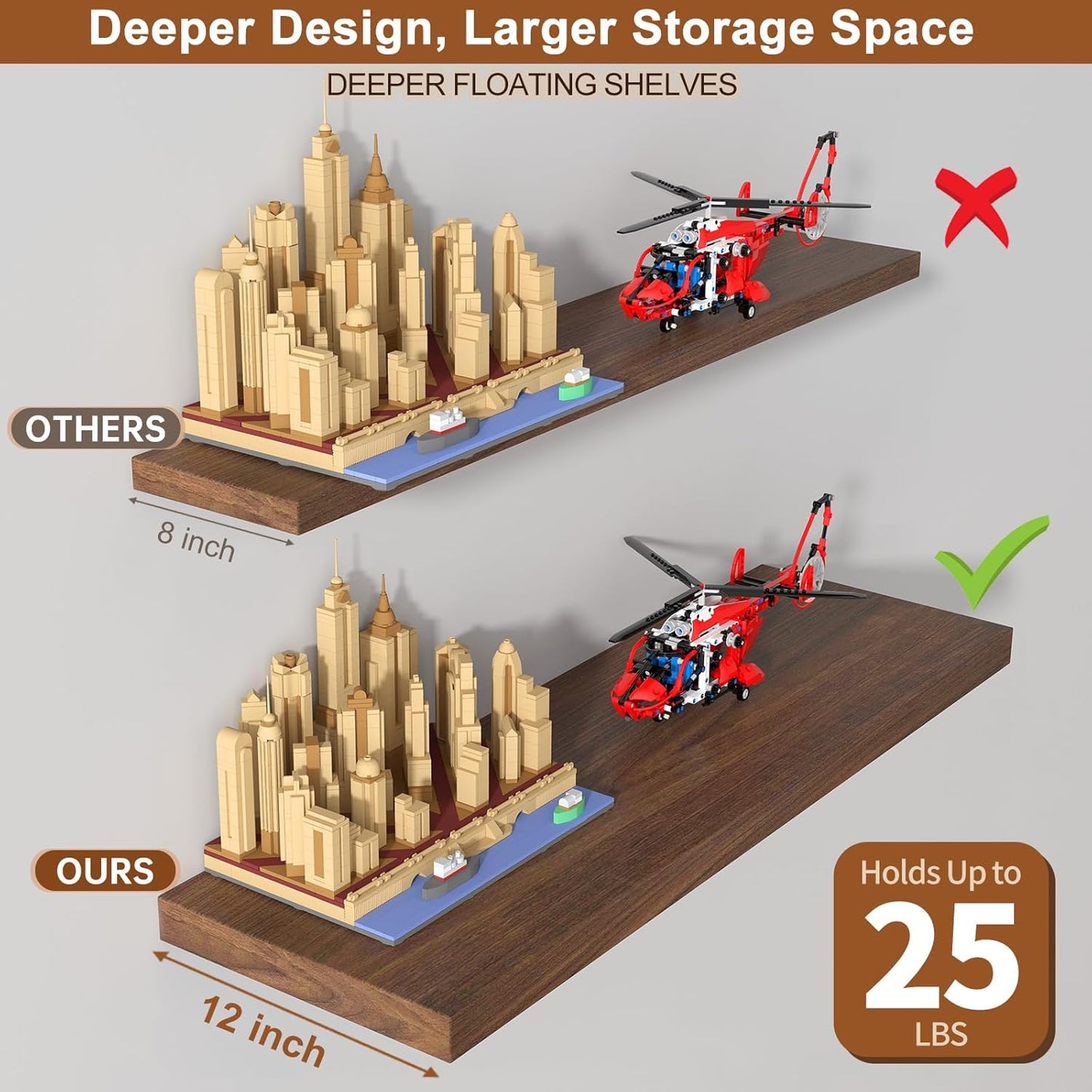 12 Inch Deep Floating Shelves for Wall 2 Pack Floating Shelves Large Storage Space Wall Mount Shelf for Living Room Kitchen Bathroom 30" W x 12" D x 1.2" H Walnut