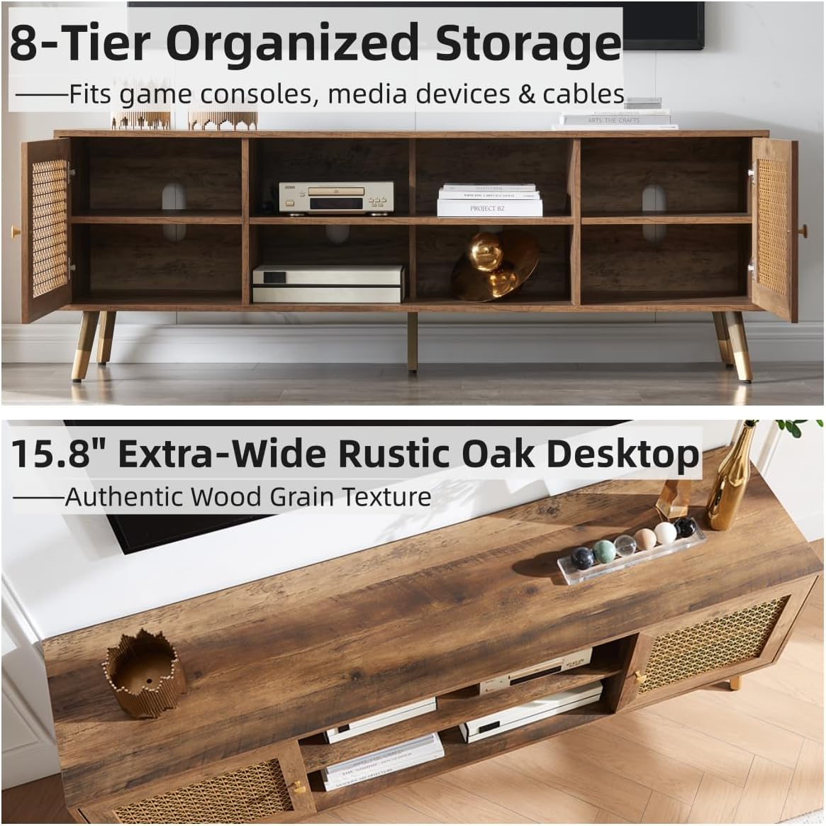 JYED Mid Century Modern TV Stand and Console for TVs Up to 75 inch - Rustic Oak Entertainment Center, 2 Gold Metal Mesh Doors & MDF Wood Grain, 15.8" D x 66" W x 23.5" H