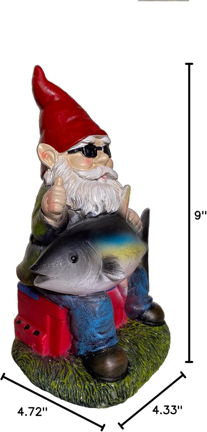 Fishing Gnome with Tuna Fish,Fishing Garden Gnomes Outdoor,Funny Garden Gnome 9“,Fishing Gnomes Decorations for Yard (Fishing Gnome)