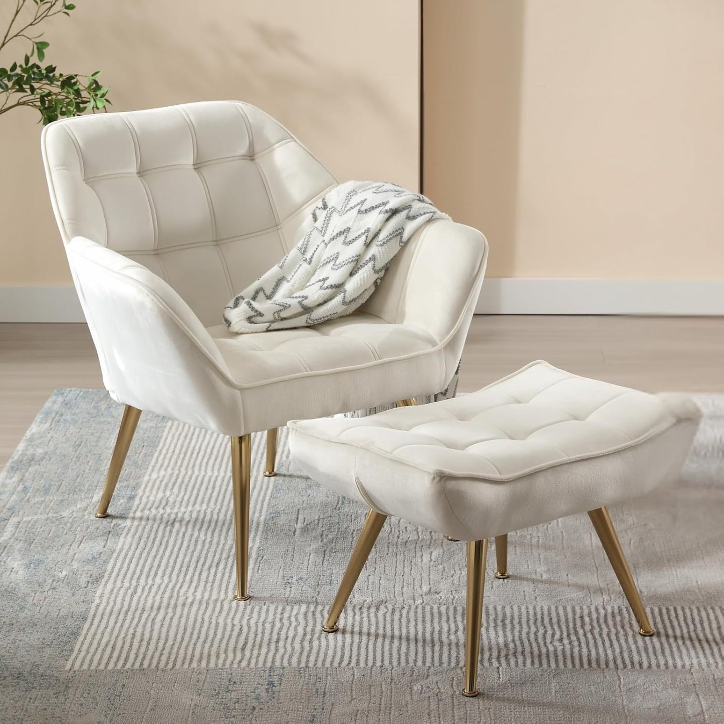 Beige Velvet Accent Chair with Ottoman ,Modern Reading Chair with Ottoman Set, Comfy Fuzzy Armchair Living Room Chair Lounge Chair with Metal Legs for Small Spaces Bedroom Apartment