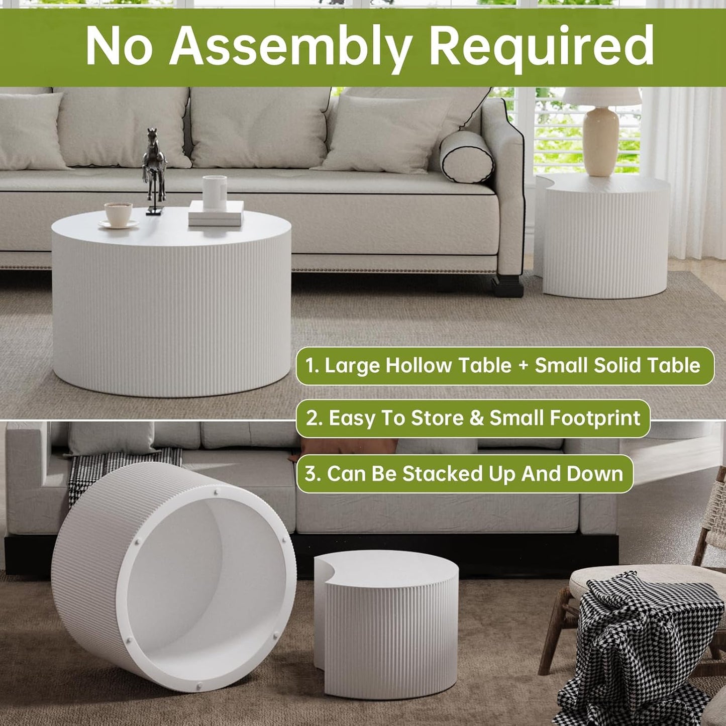 Round Nesting Coffee Table Modern White Fluted Coffee Table Set of 2 for Living Room Circle Drum Coffee Tables Round Nesting Tables Crescent Side Accent End Table for Small Space (White A 27in)