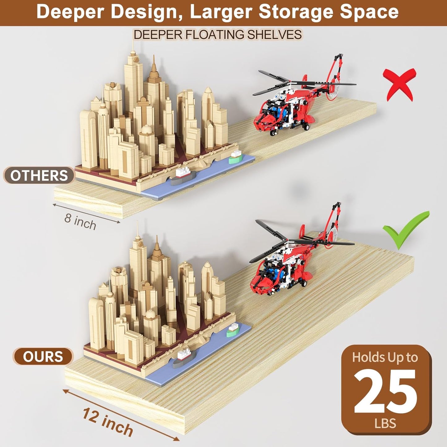 12 Inch Deep Floating Shelves for Wall 3 Pack Floating Shelves Large Storage Space Wall Mount Shelf for Living Room Kitchen Bathroom 24" W x 12" D x 1.2" H Oak
