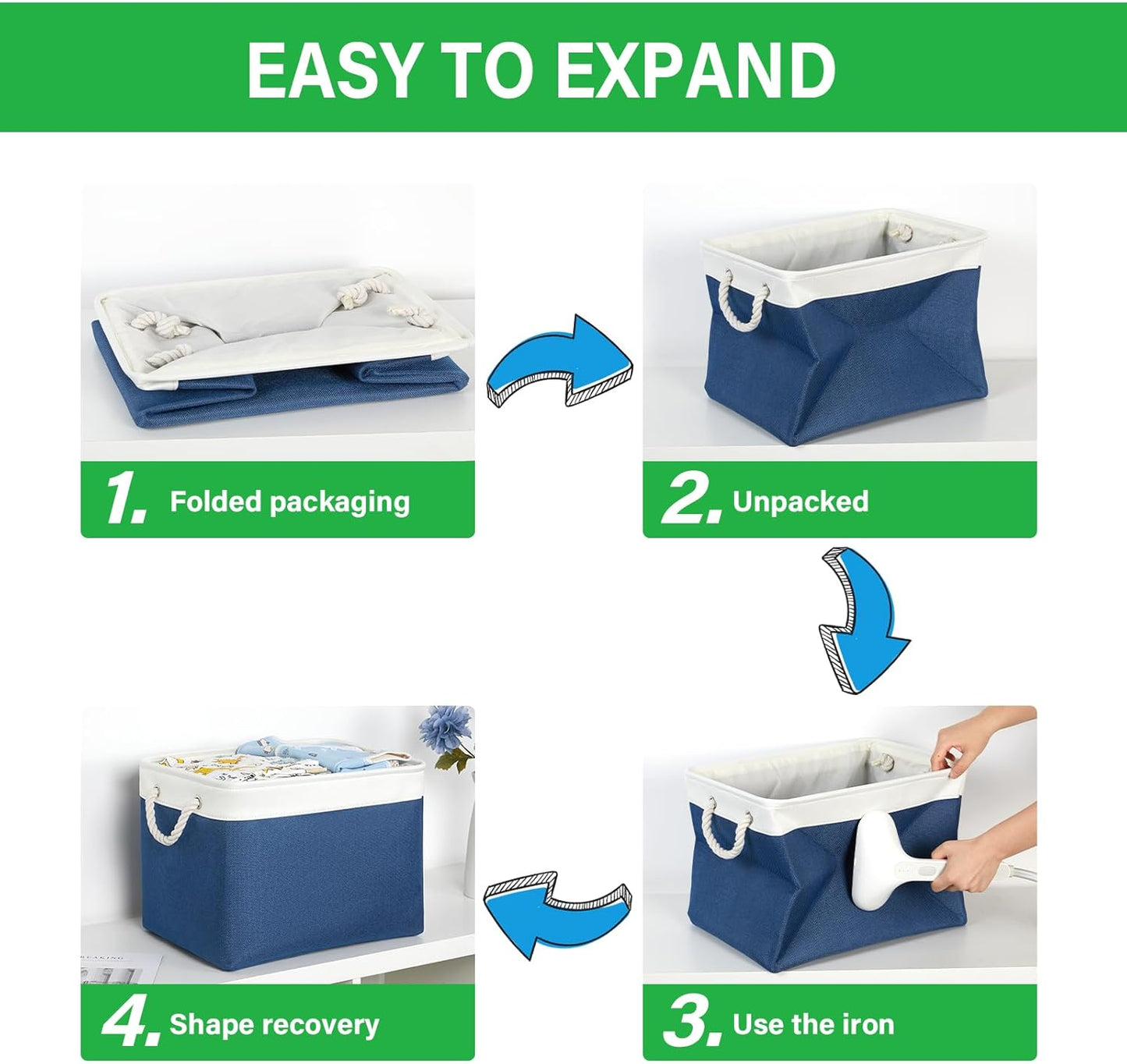 Bidtakay Large Storage Baskets for Shelves 3 Pack Fabric Storage Bins for Organizing Navy Blue Decorative Baskets Linen Collapsible Organizer for Closet