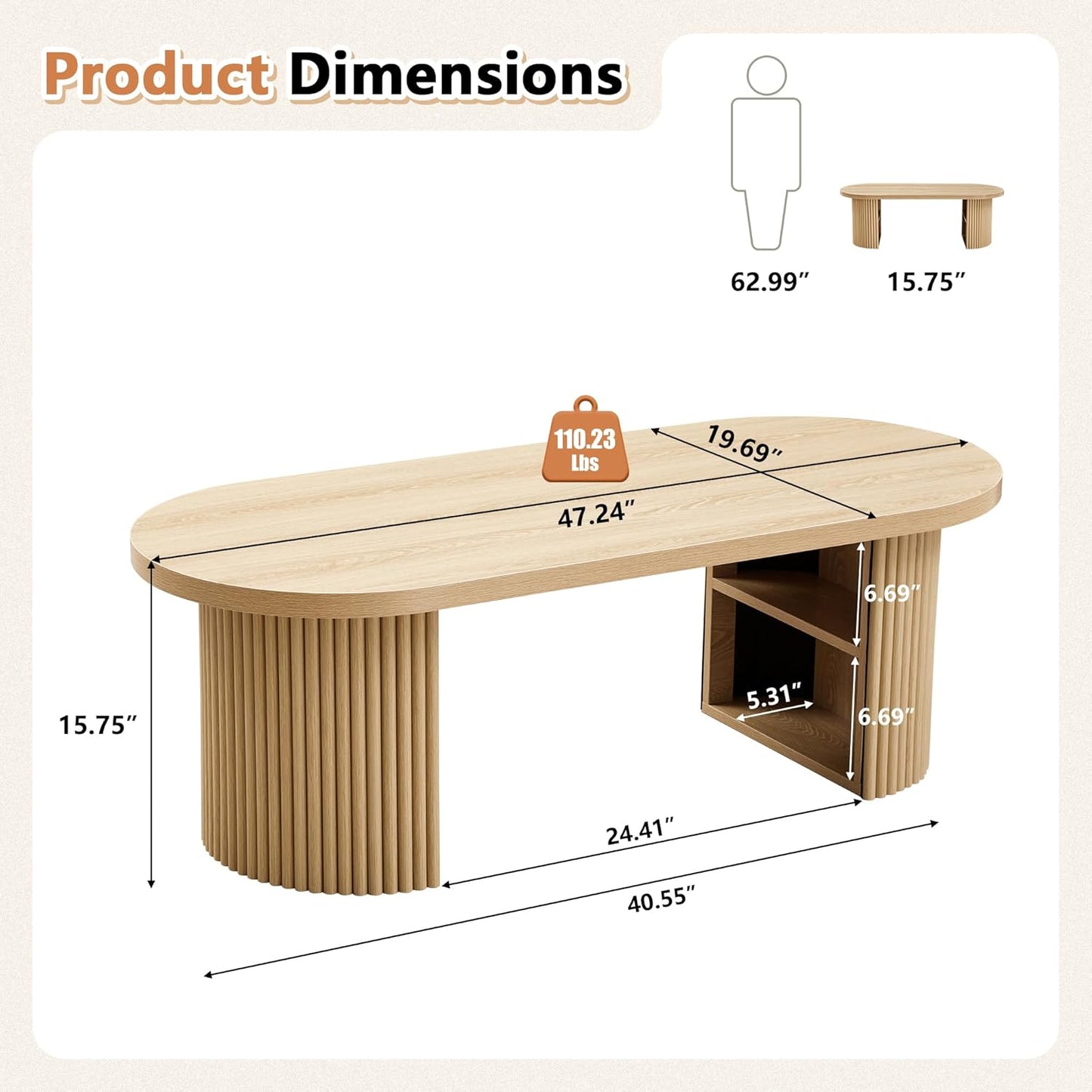 Oval Fluted Coffee Table, 47" Farmhouse Wood Coffee Table Mid Century Modern Center Table Boho Living Room Tables for Living Room Office,Natural