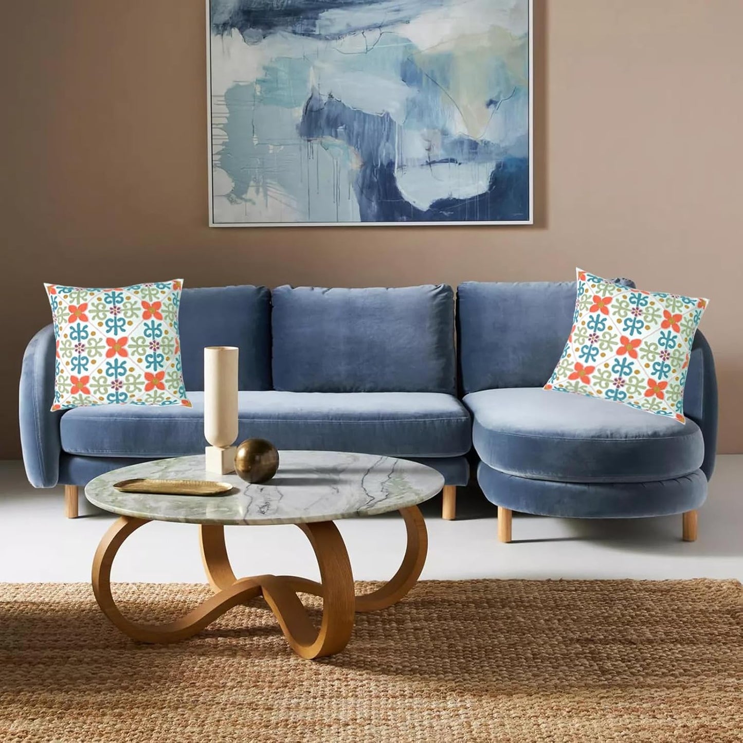 Embroidered Decorative Throw Pillow Cover, 18"x18" Set of 2, Farmhouse Pillowcase Colorful Flower Knit Pattern Cotton Canvas Cushion Case Square Floral Pillow Case for Sofa Couch Bed Living Room