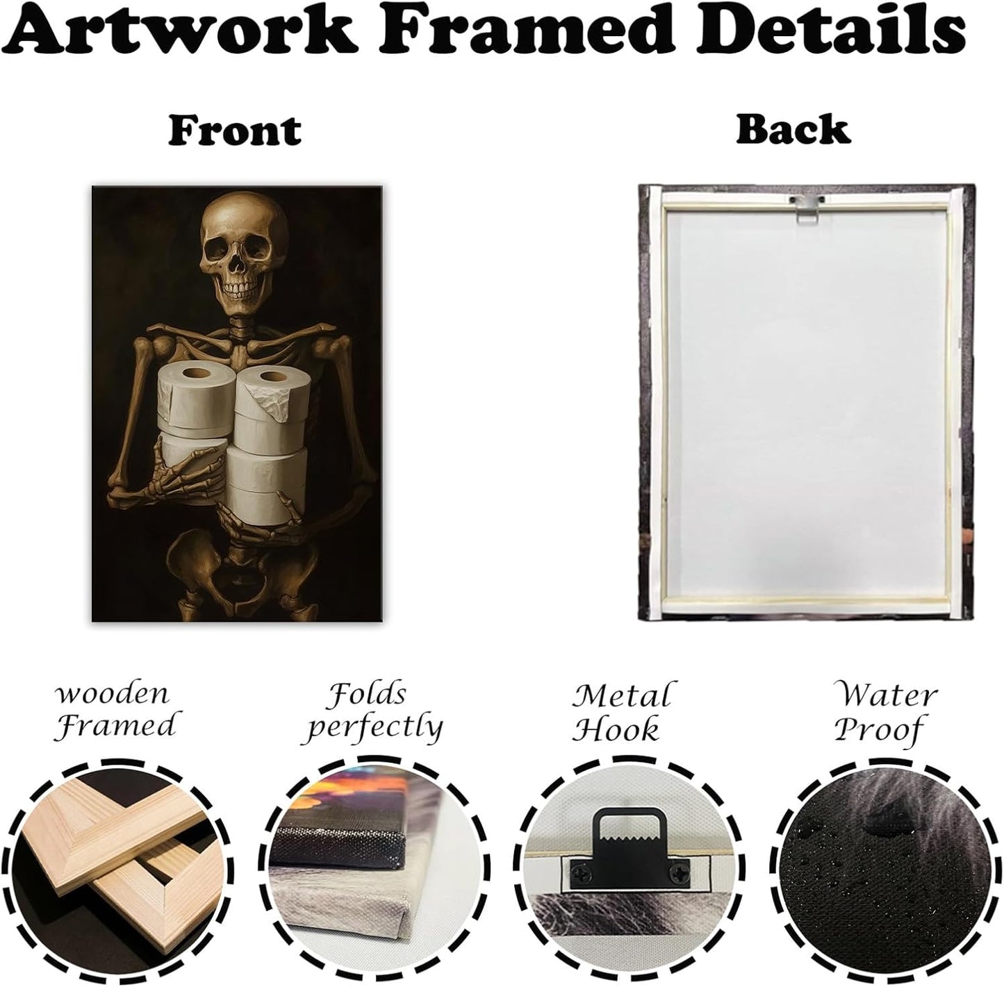 Gothic Skull Wall Art Funny Skeleton with Toilet Paper Canvas Print Vintage Skull Painting Framed Artwork for Living Room Home Halloween Wall Decor(Artwork-8,24"x36")